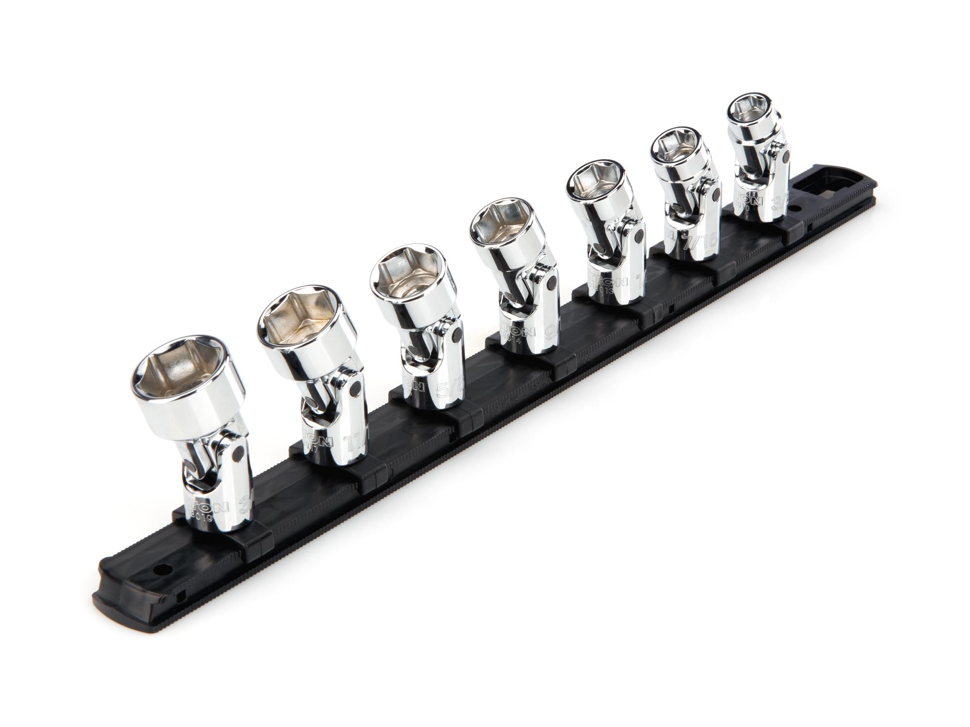 3/8 Inch Drive Shallow 6-Point Universal Joint Socket Set with Rail (7-Piece)