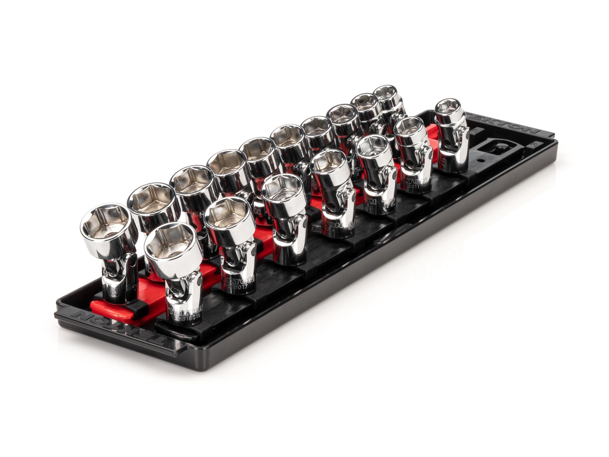 Front-right angle view of Tekton rail hand drive universal joint socket set. Item #SHD91217