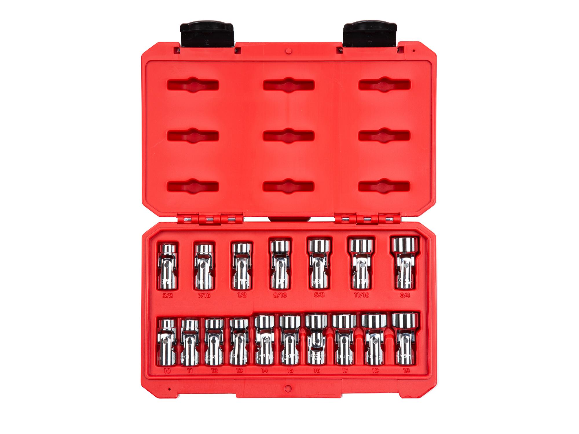 3/8 Inch Drive Shallow 6-Point Universal Joint Socket Set with Case (17-Piece)