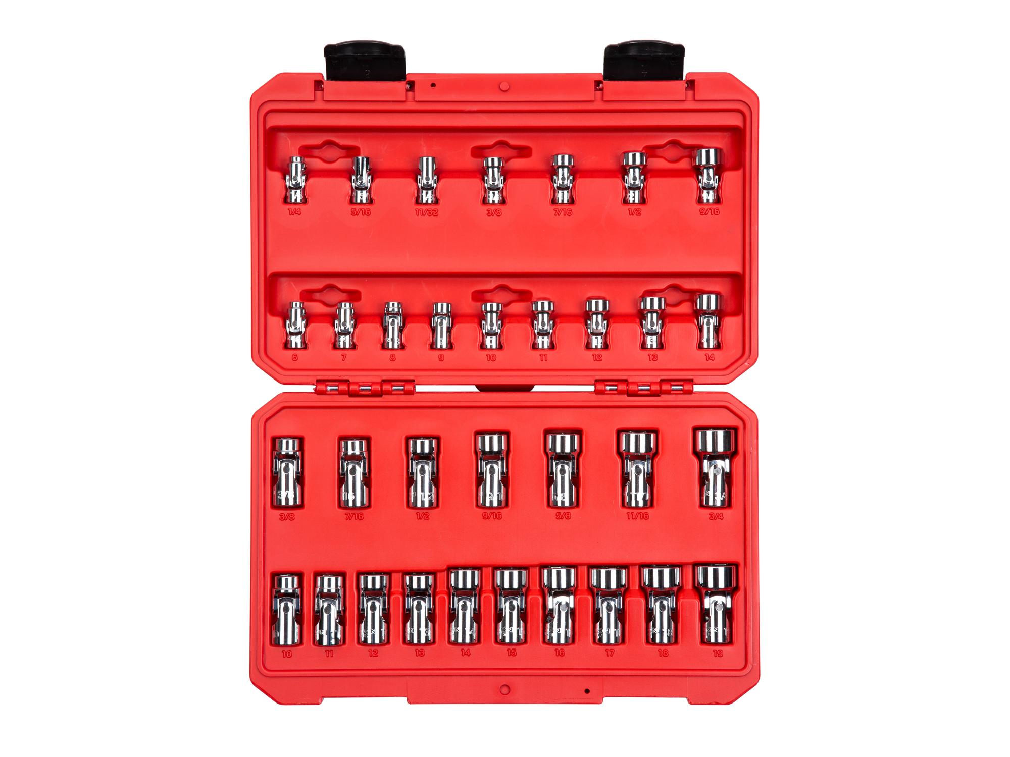 1/4, 3/8 Inch Drive Shallow 6-Point Universal Joint Socket Set with Case (33-Piece)
