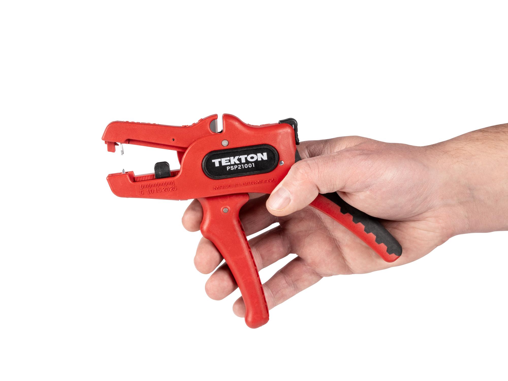 Person holding Tekton 7.1 inch wire strippers. Item #PSP21001