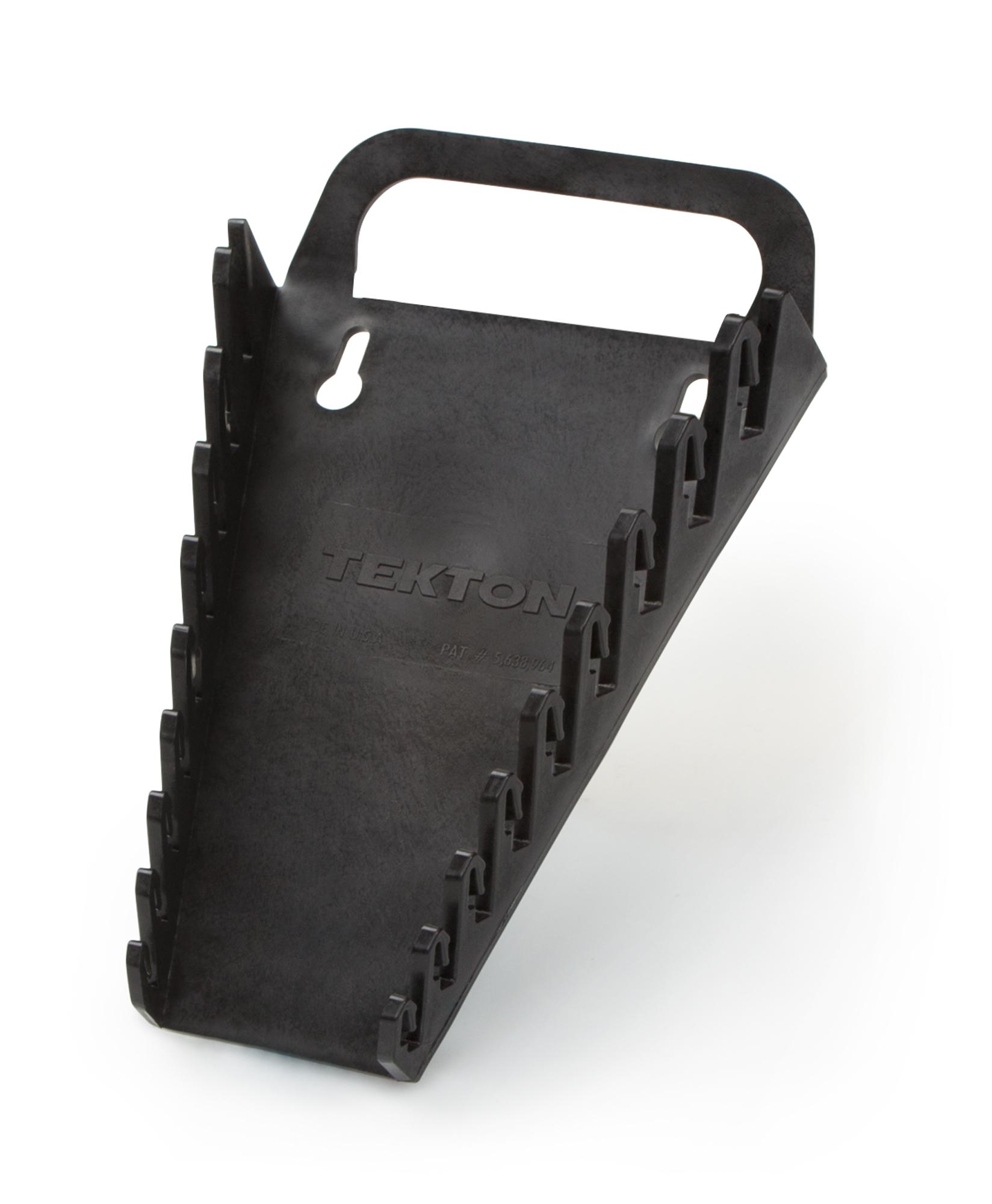 Front-right angle view of black Tekton holder wrench organization. Item #79345