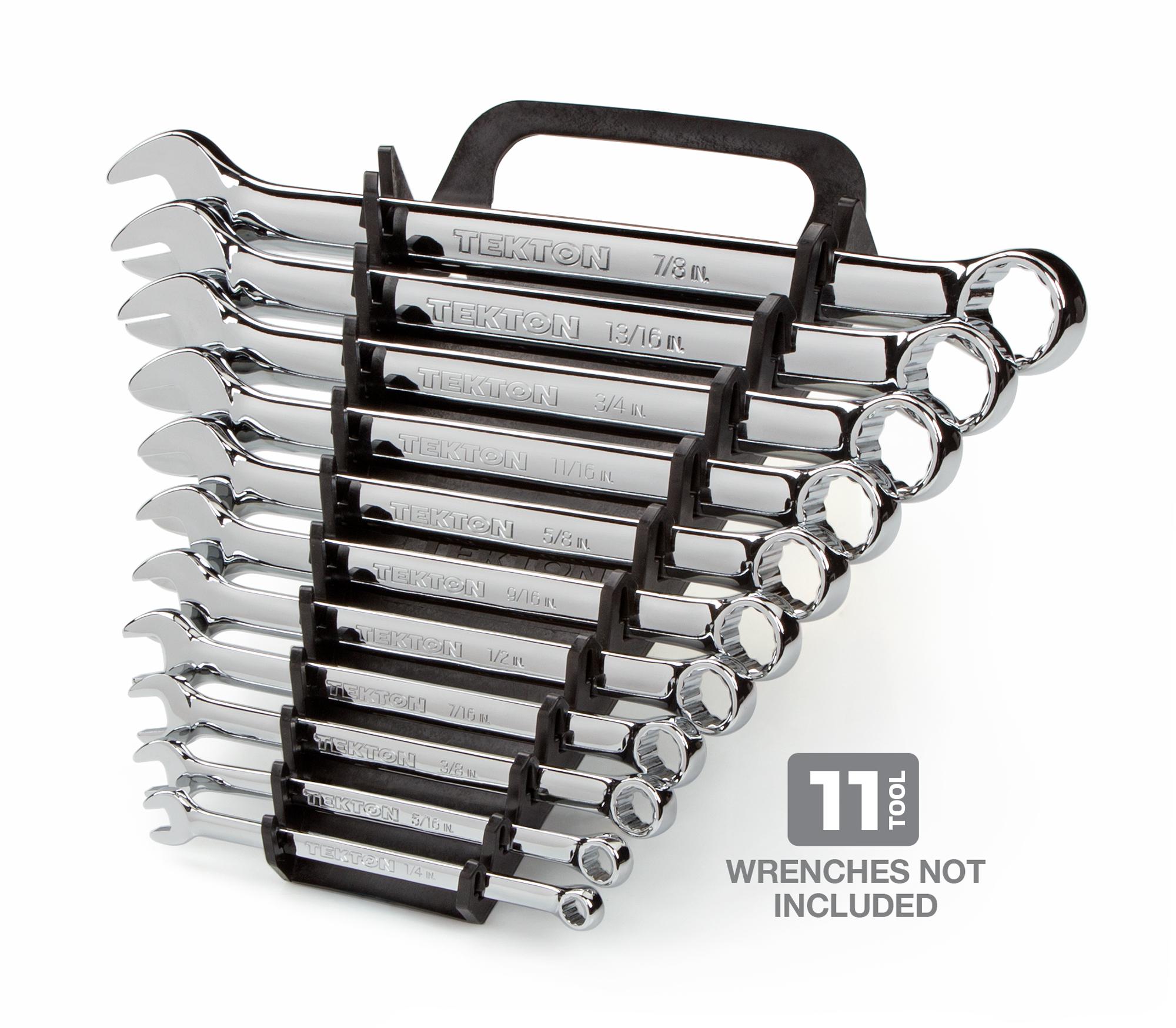Front-right angle view of black Tekton holder wrench organization. Item #79347
