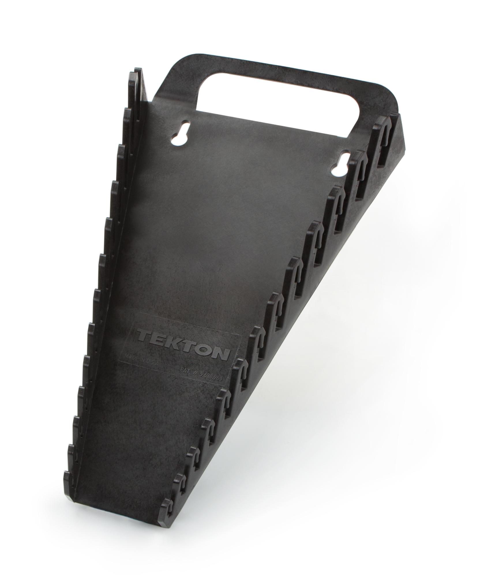 Front-right angle view of black Tekton holder wrench organization. Item #79349
