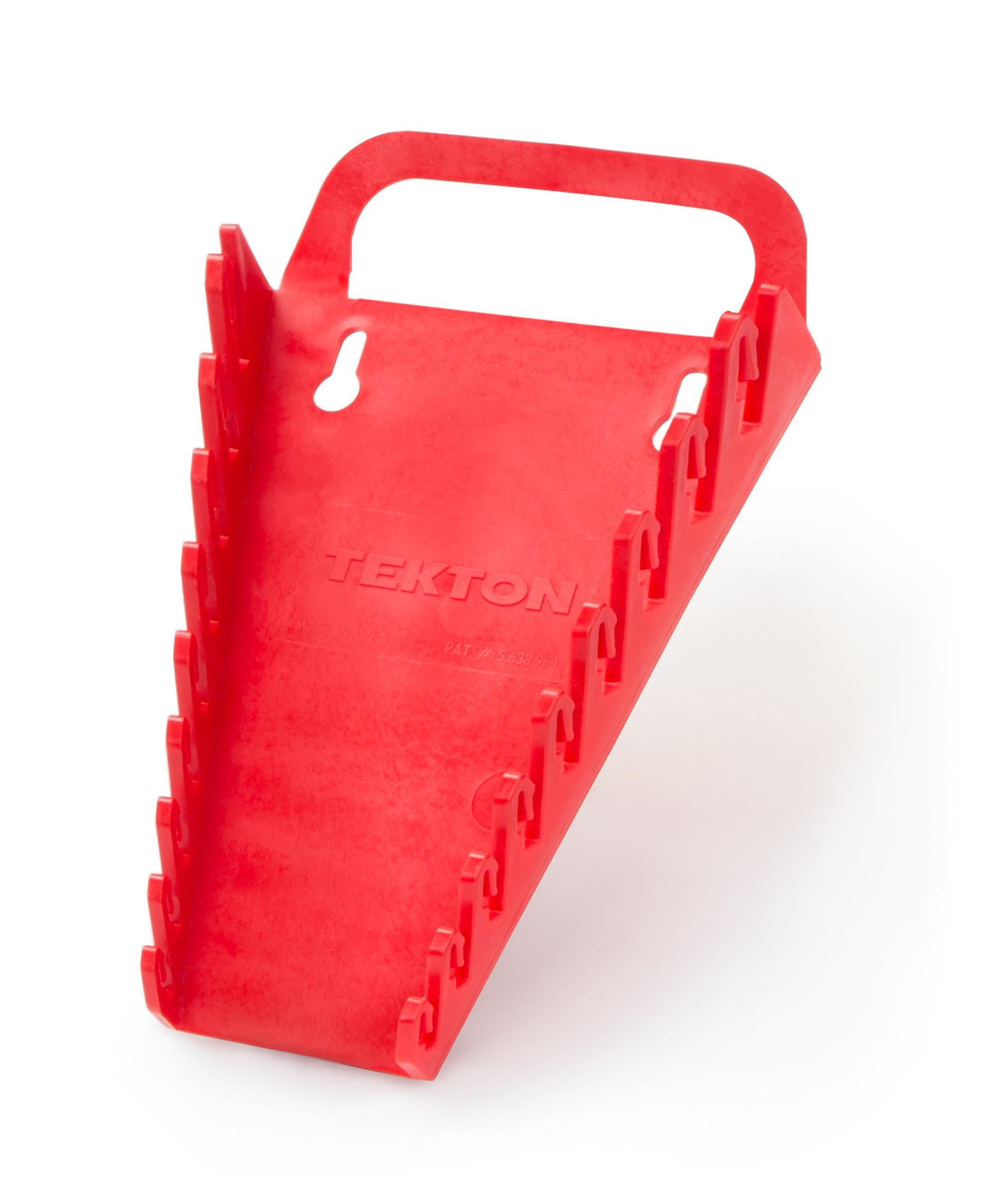 Front-right angle view of red Tekton holder wrench organization. Item #79365
