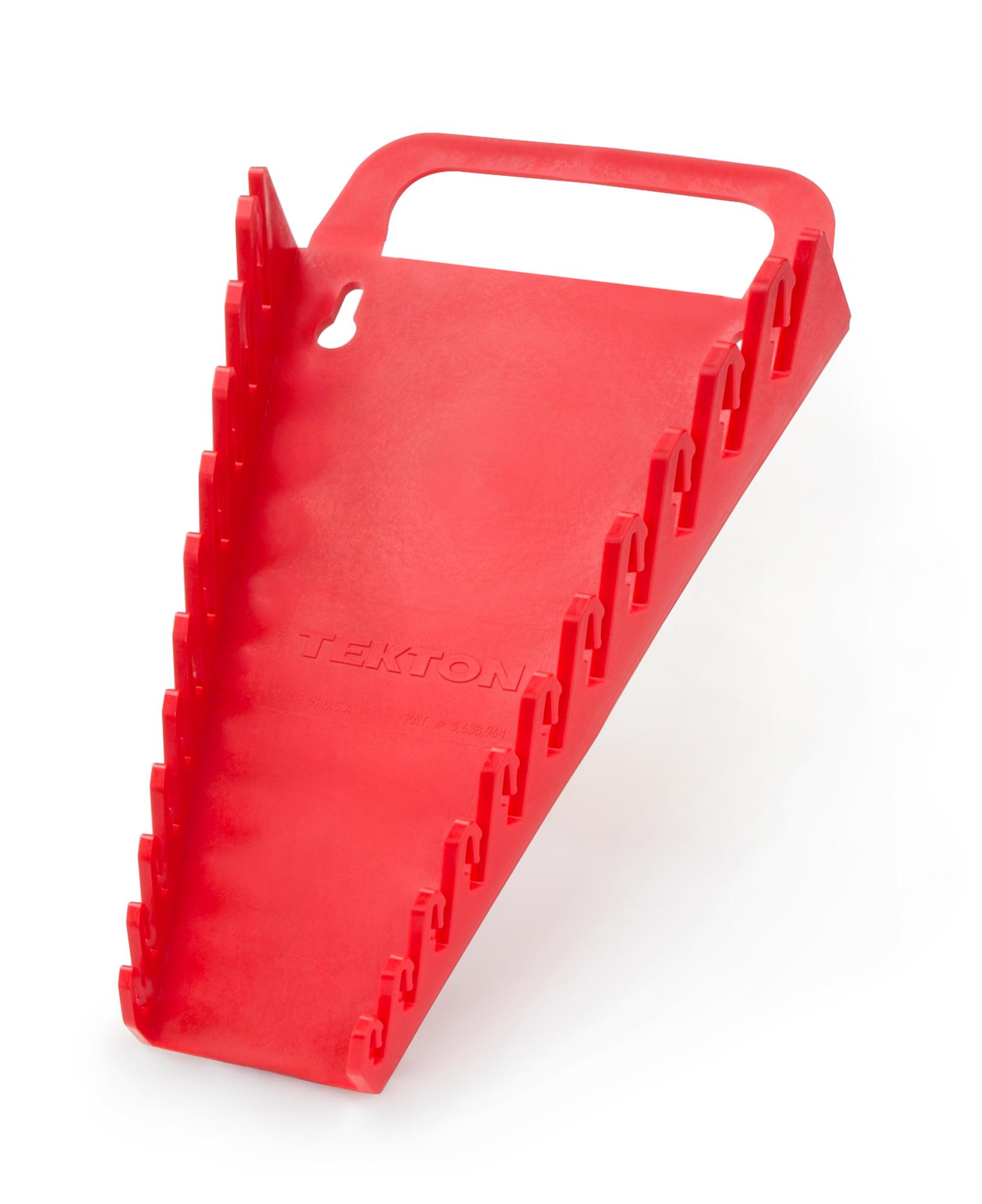 Front-right angle view of red Tekton holder wrench organization. Item #79367