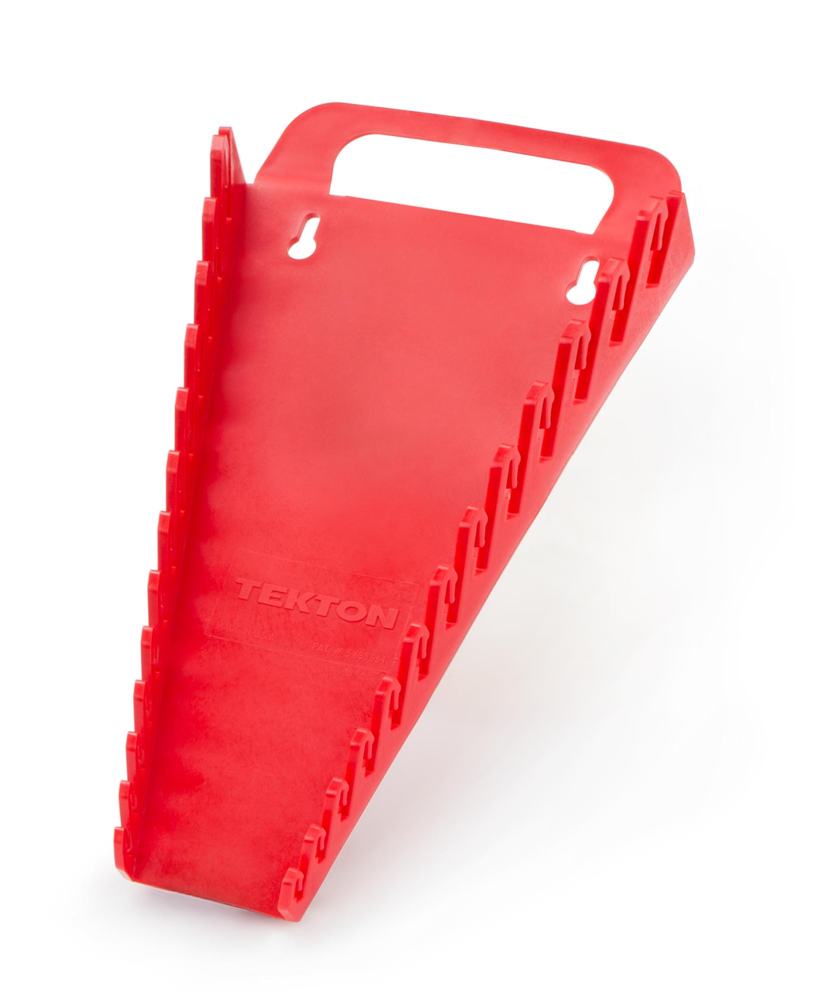 Front-right angle view of red Tekton holder wrench organization. Item #79369