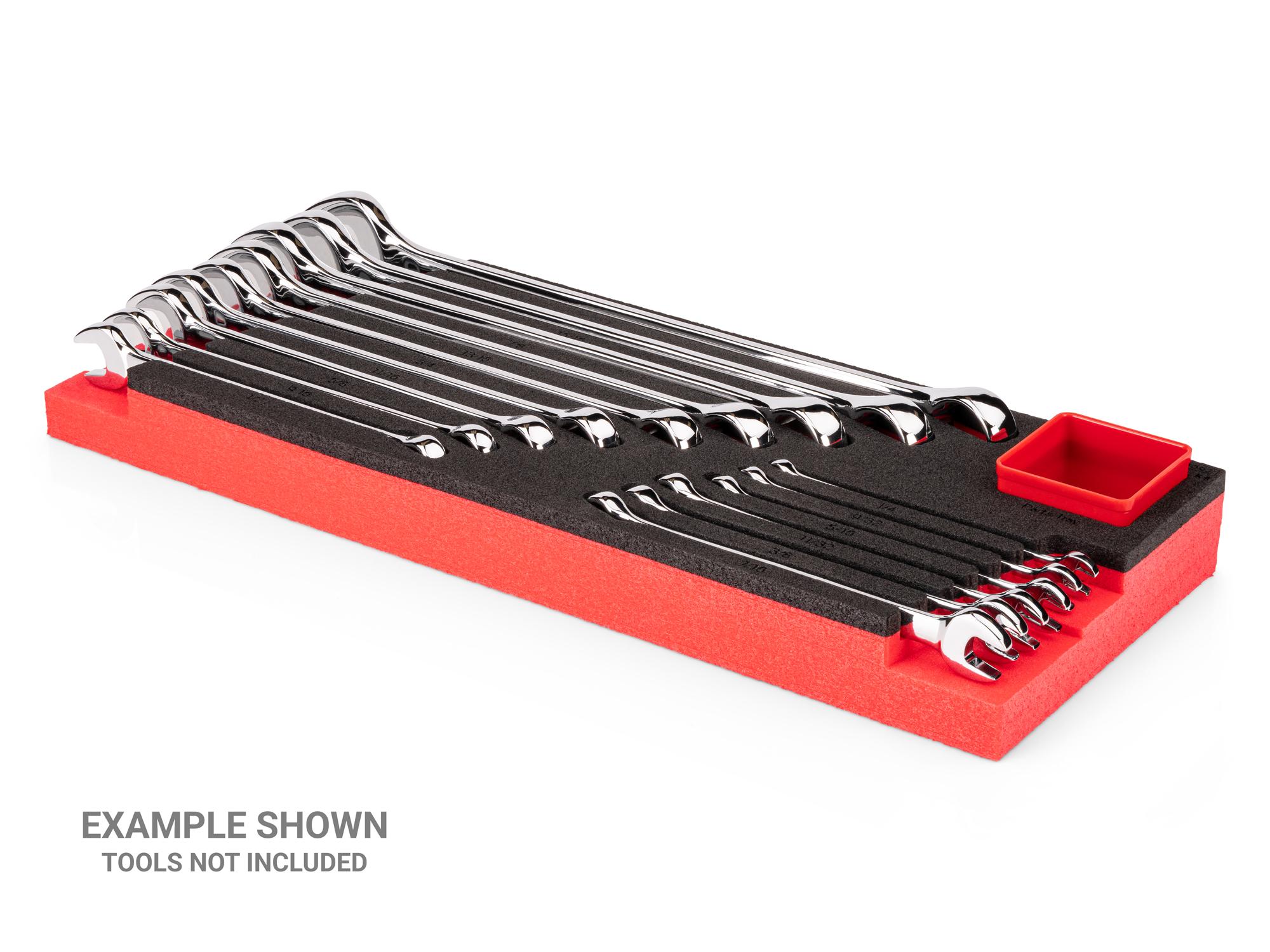 Angled view of black Tekton combination wrench set foam organizer, 16 x 6 inch. Example image; tools not included. F00092KR
