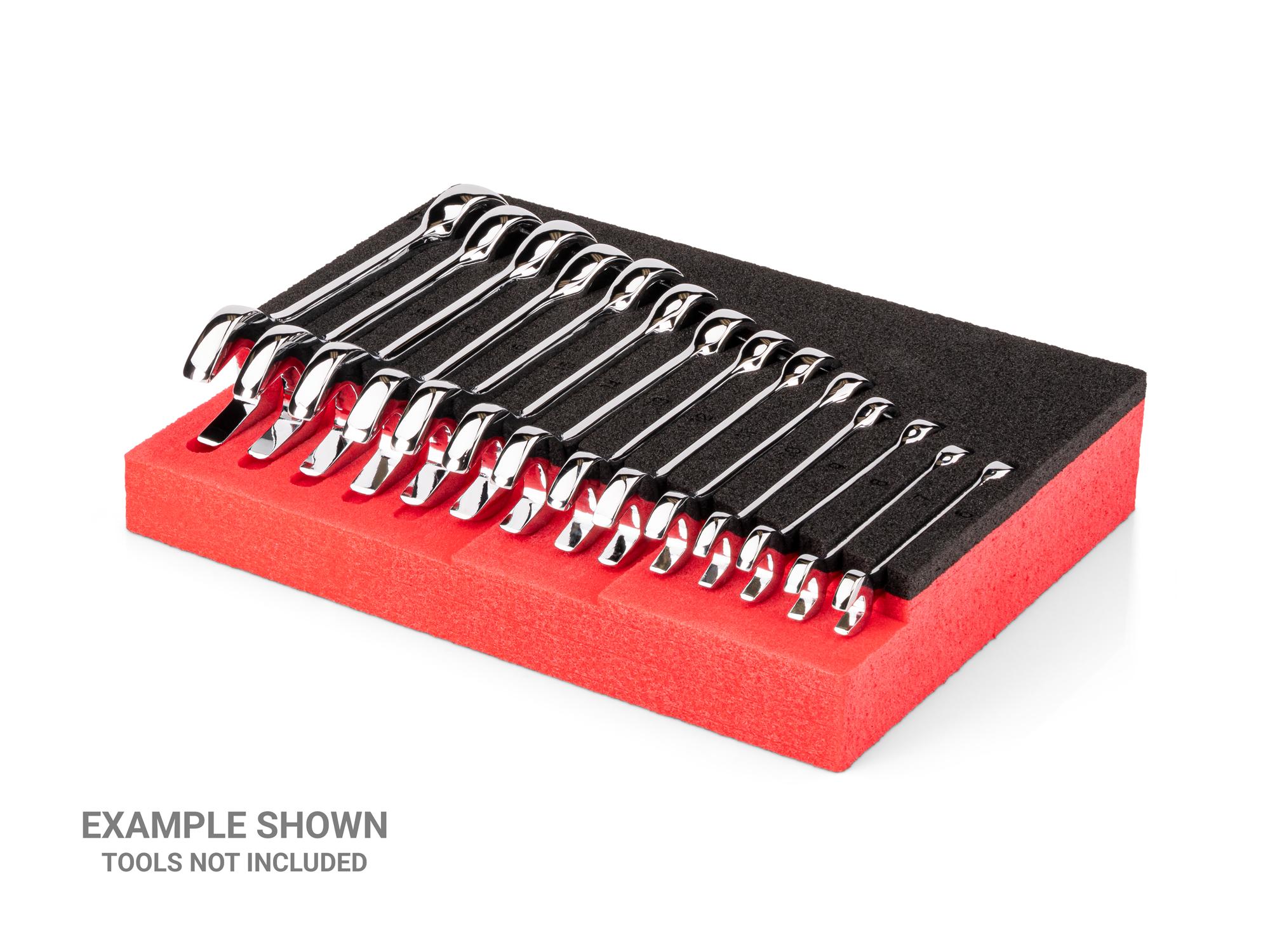 Angled view of black Tekton stubby combination wrench set foam organizer, 8 x 6 inch. F00093KR