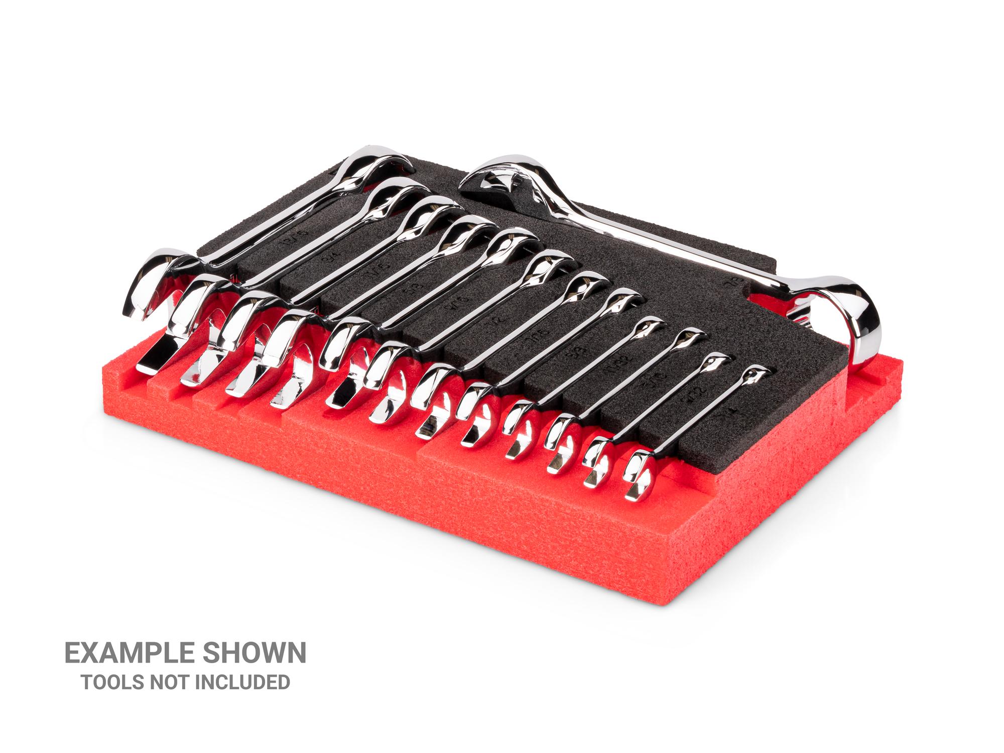 Angled view of black Tekton stubby combination wrench set foam organizer, 8 x 6 inch. F00094KR