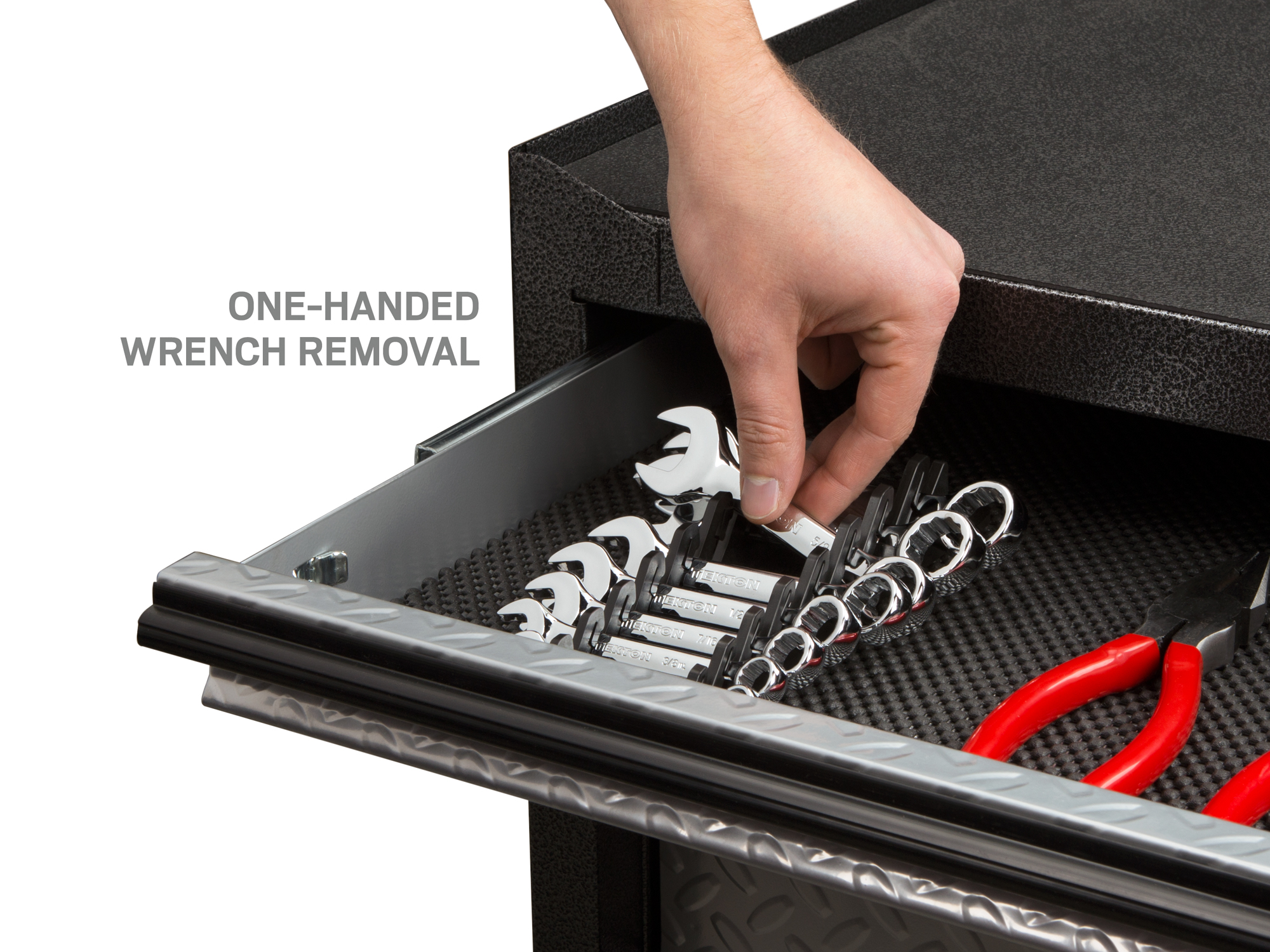 Portable storage solution with handle. Grips wrenches so they won't fall out. For Tekton stubby combination wrenches. Made in USA. ORG21108.