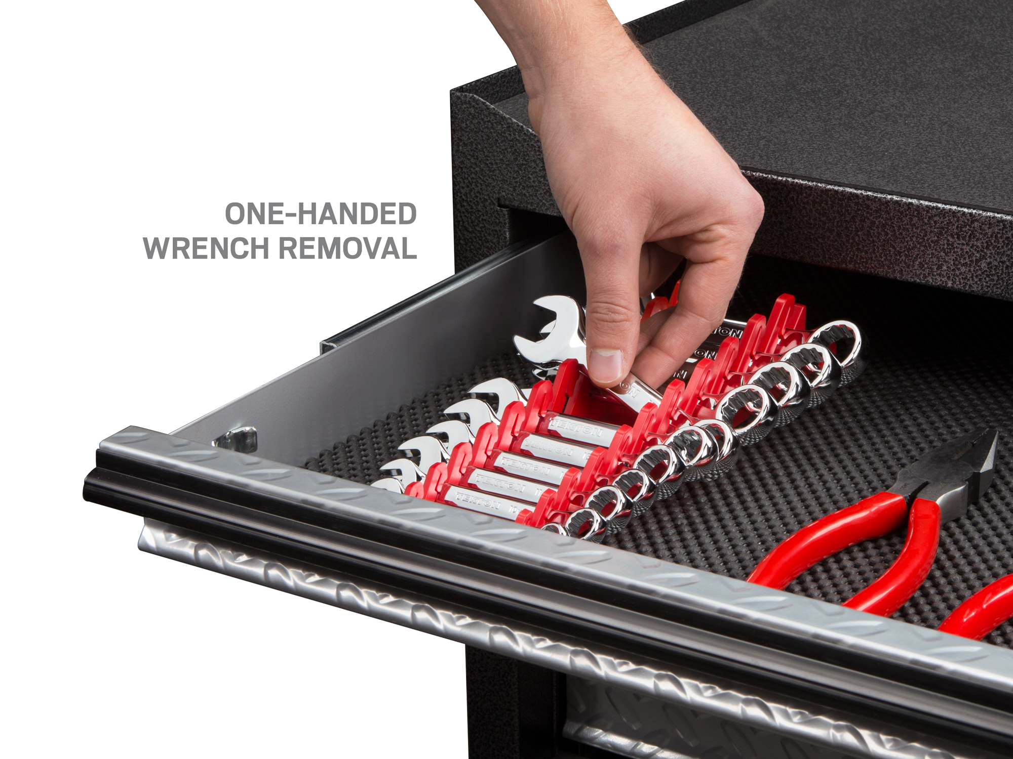 Portable storage solution with handle. Grips wrenches so they won't fall out. For Tekton stubby combination wrenches. Made in USA. ORG21212.