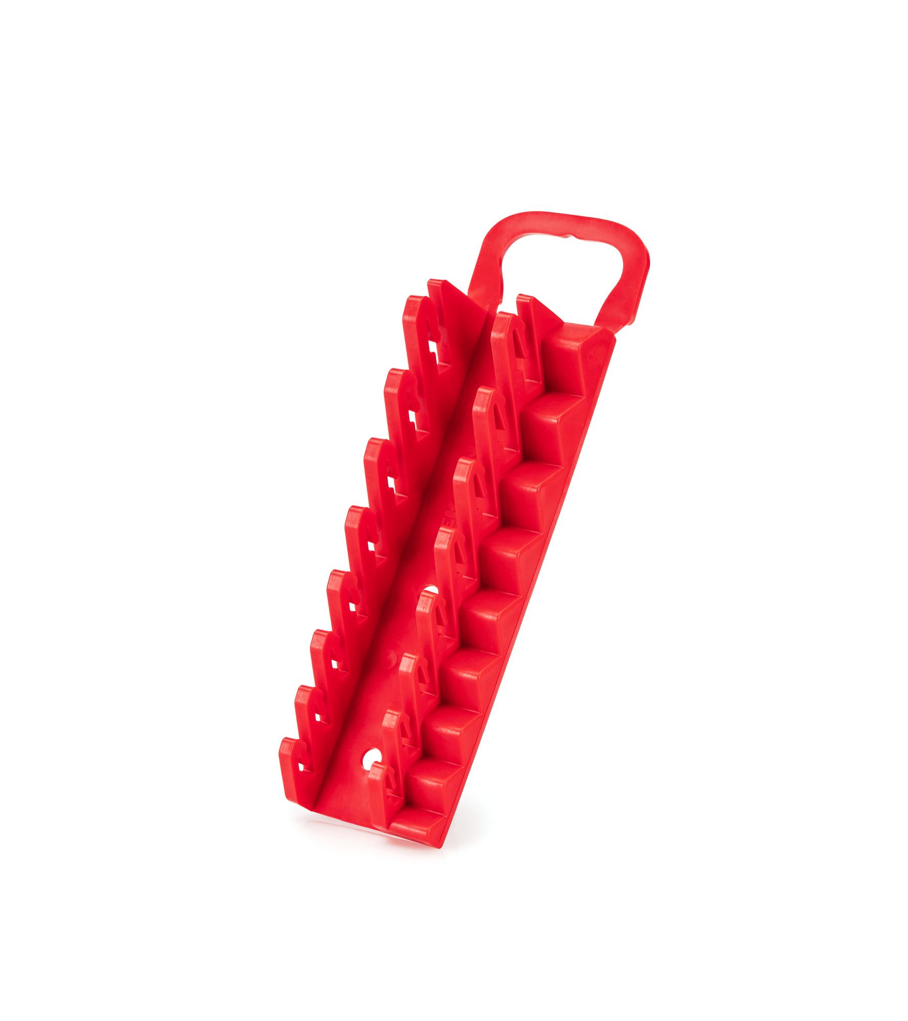 Front-right angle view of red Tekton holder wrench organization. Item #ORG21608