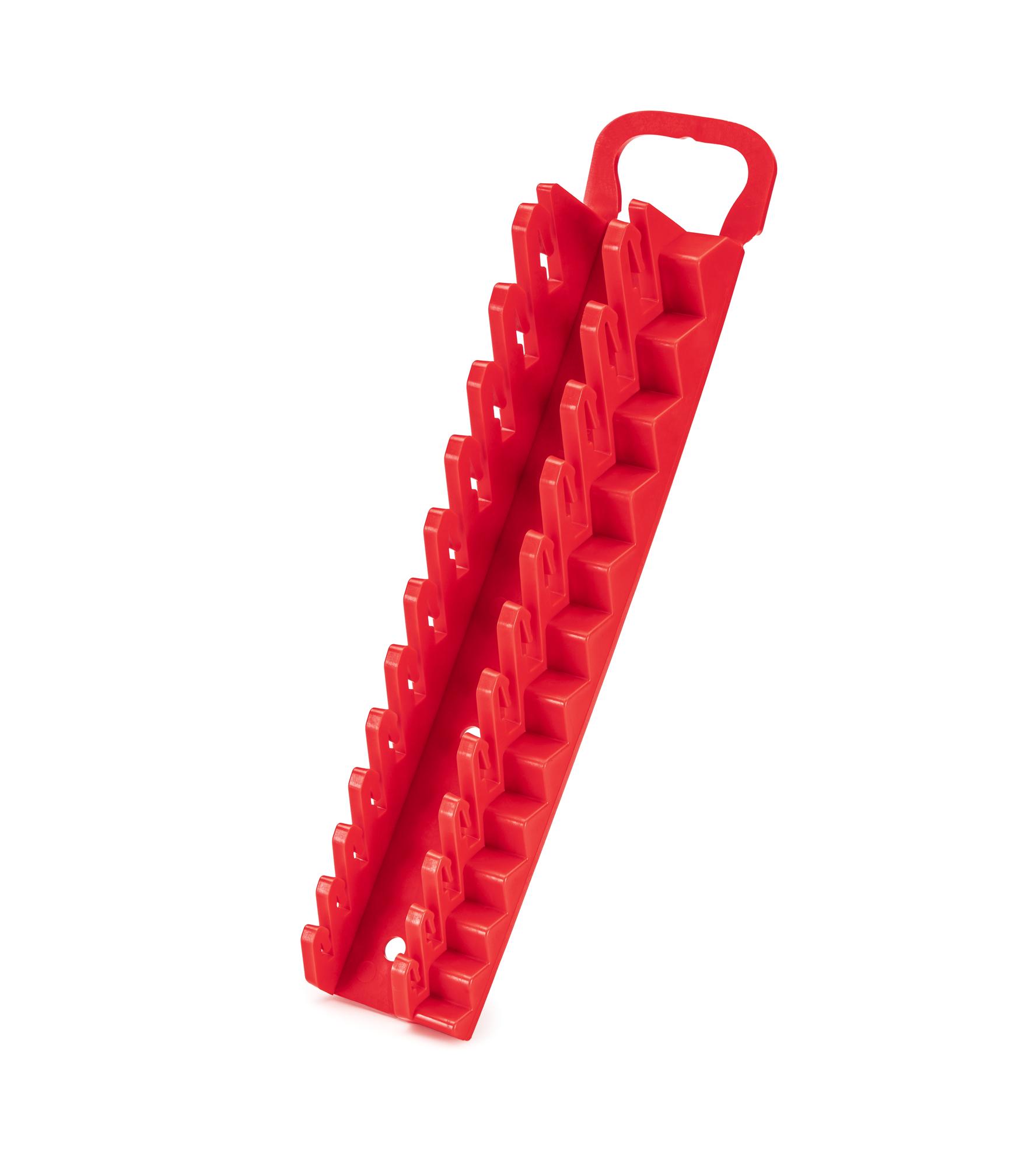 Front-right angle view of red Tekton holder wrench organization. Item #ORG21612