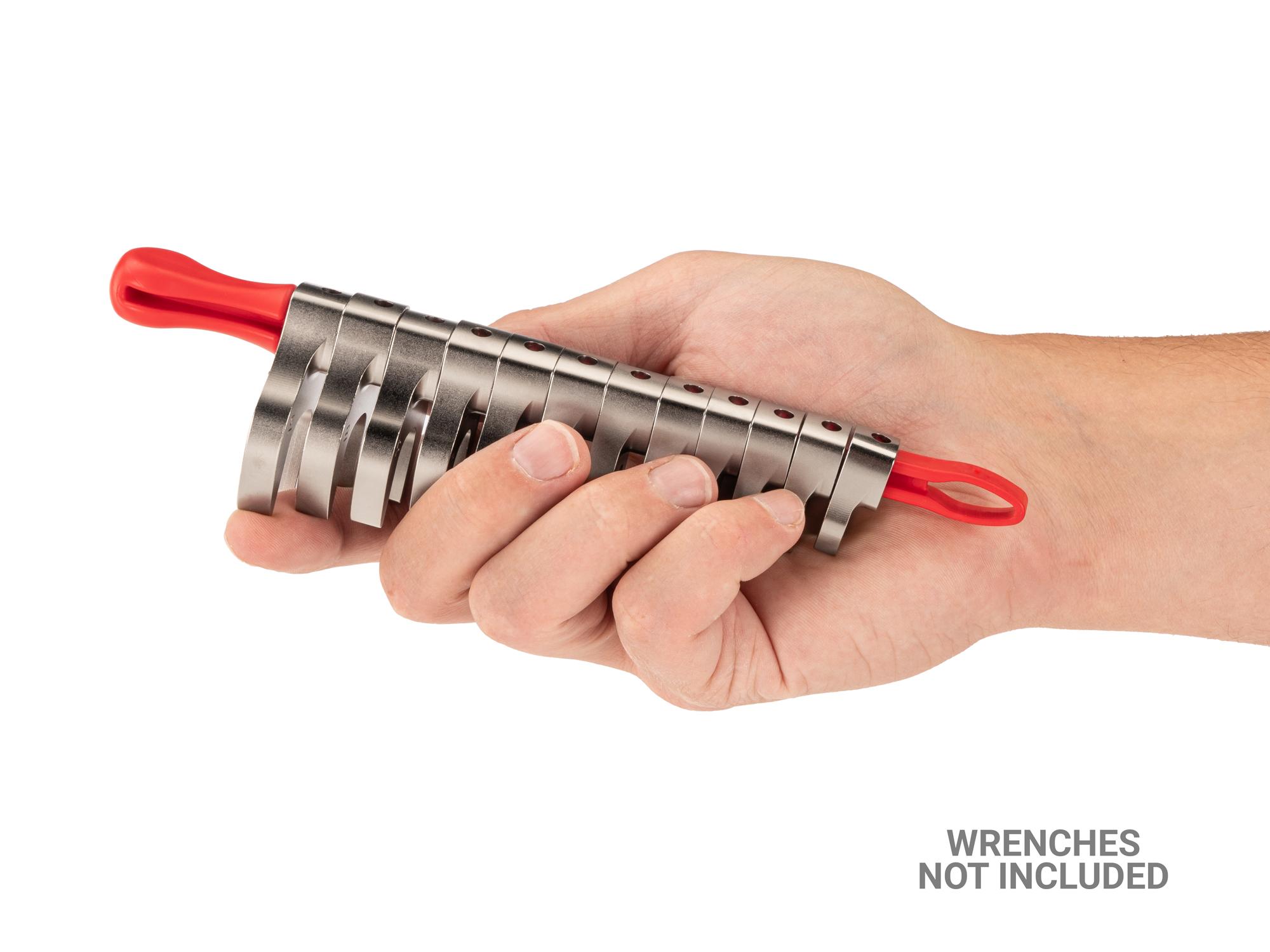 Person holding red Tekton 8 inch wrench organization. Item #ORG24208
