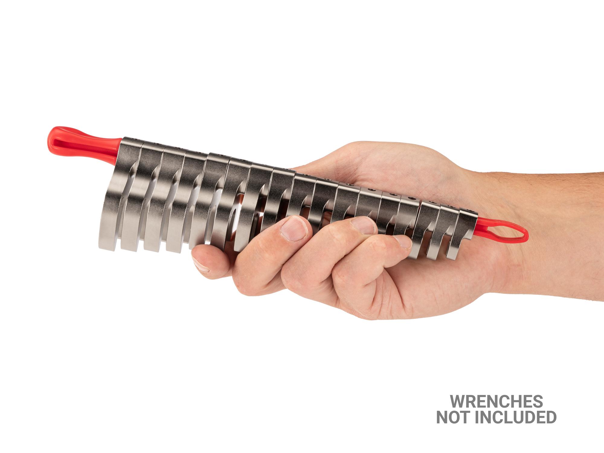 Person holding red Tekton 10 inch wrench organization. Item #ORG24210