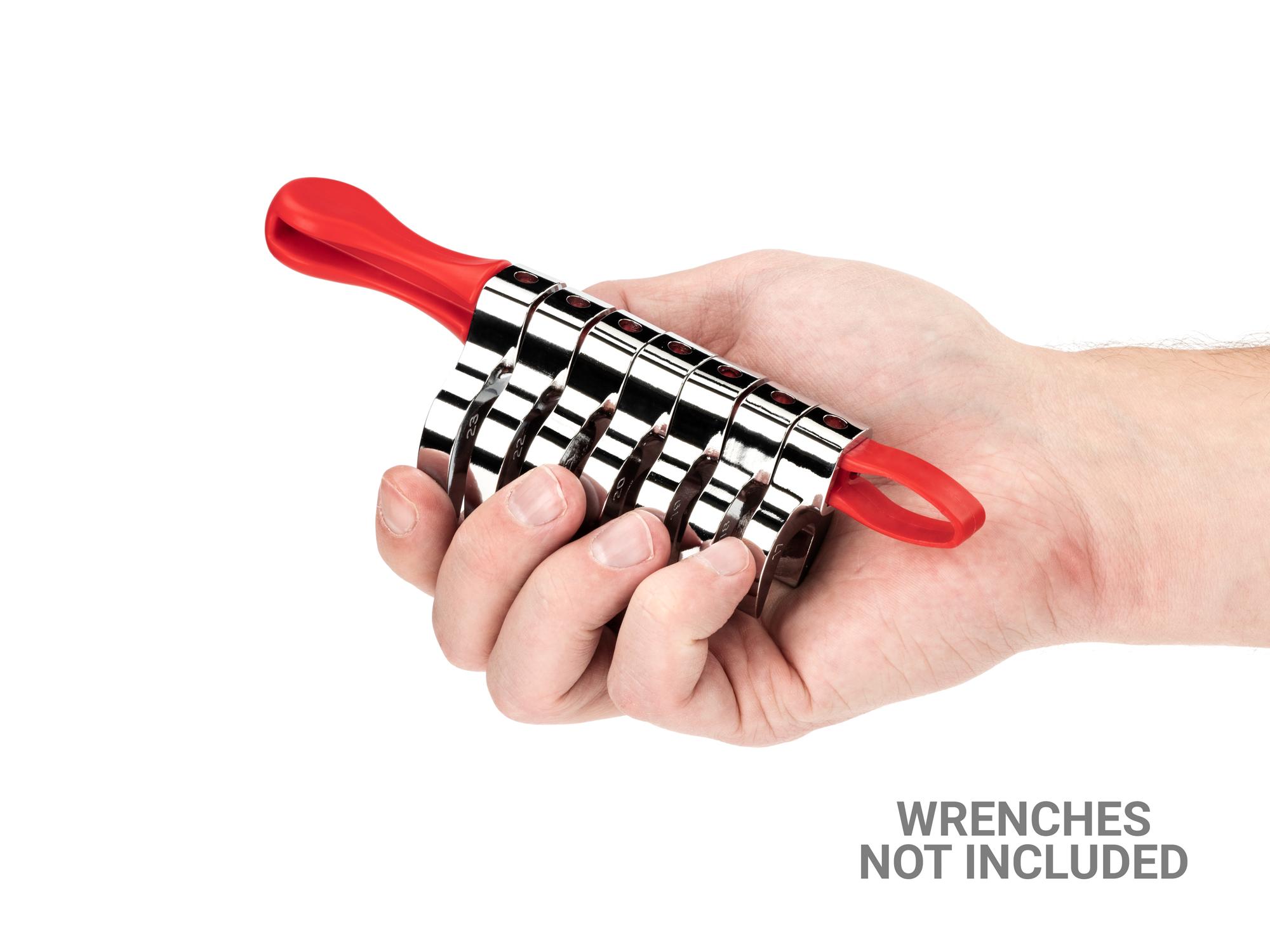 Person holding red Tekton 7 inch wrench organization. Item #ORG24407