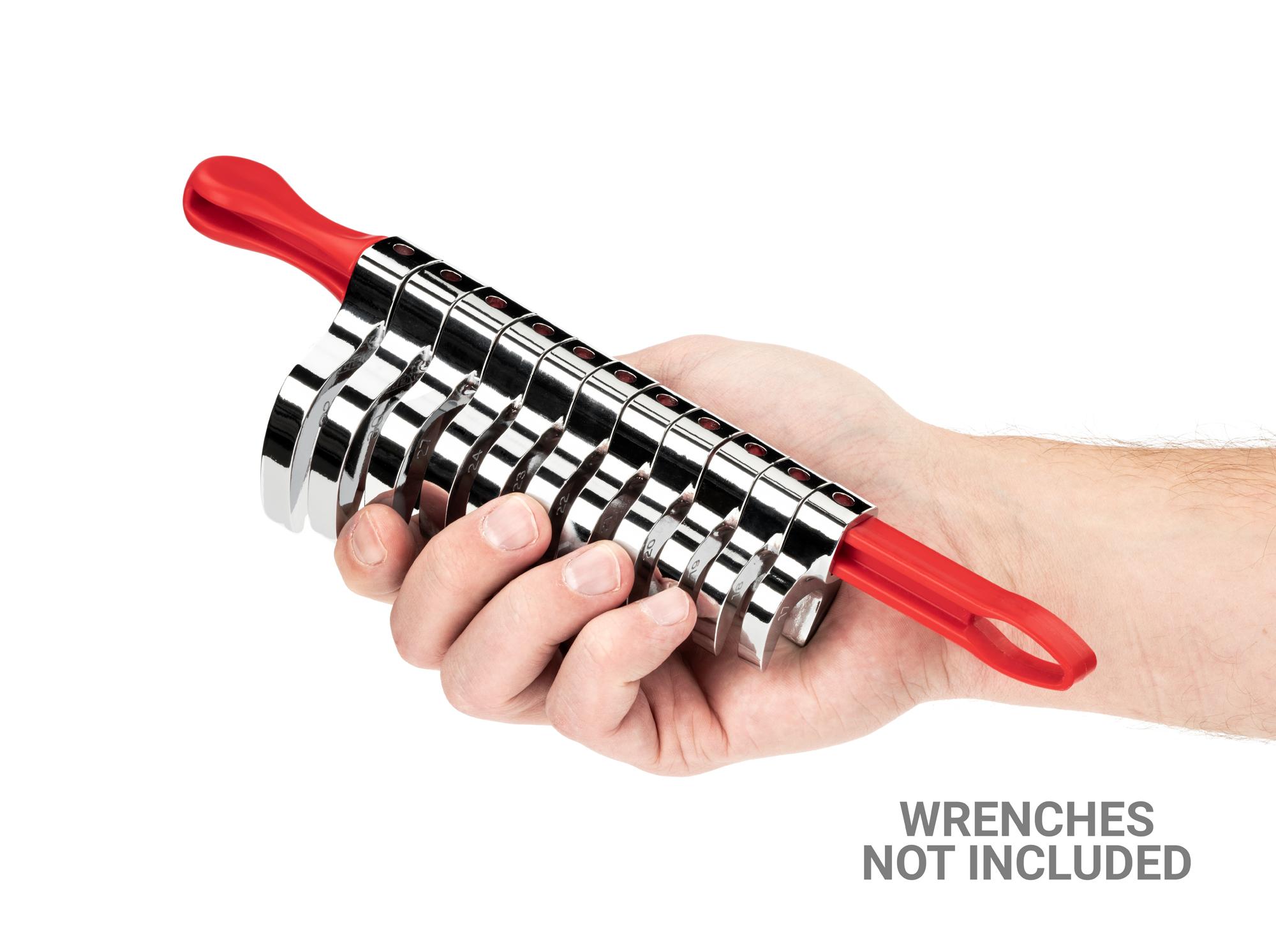 Person holding red Tekton 10 inch wrench organization. Item #ORG24410