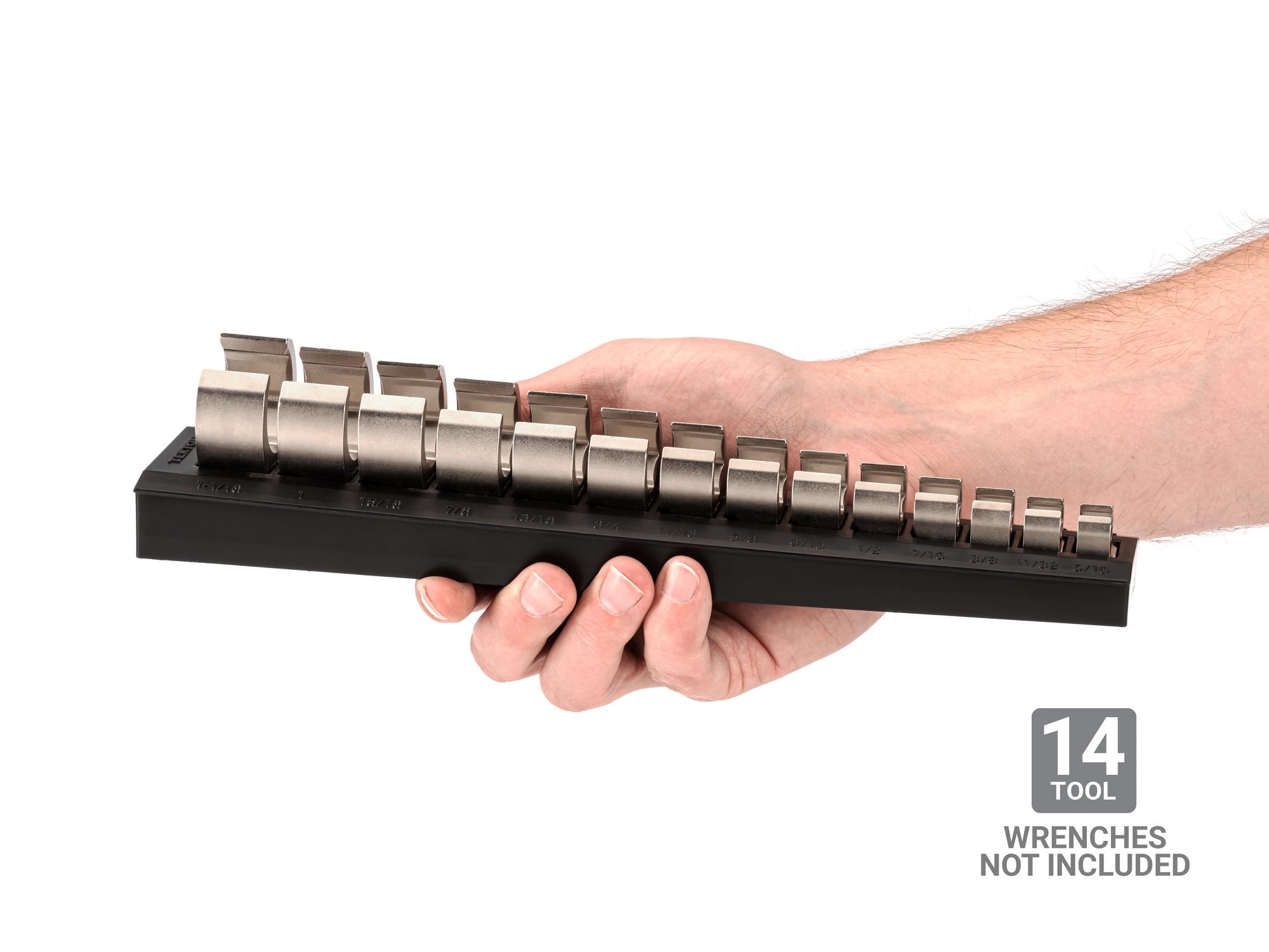 Person holding black Tekton rack wrench organization. Item #ORG25114