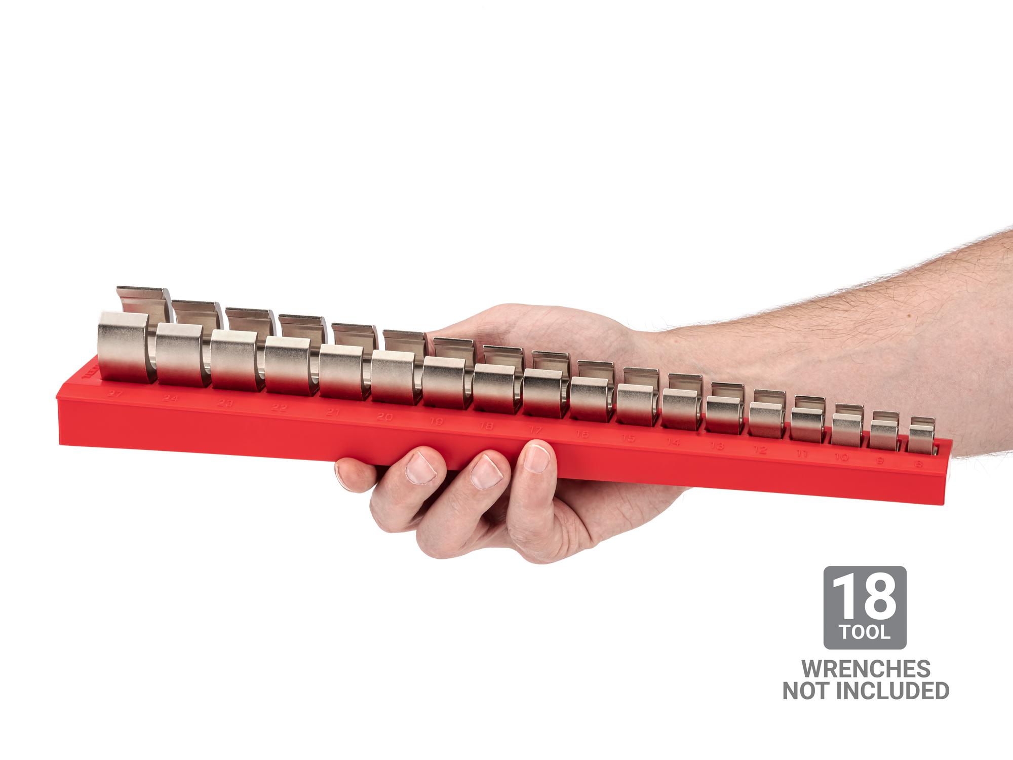 Person holding red Tekton rack wrench organization. Item #ORG25218