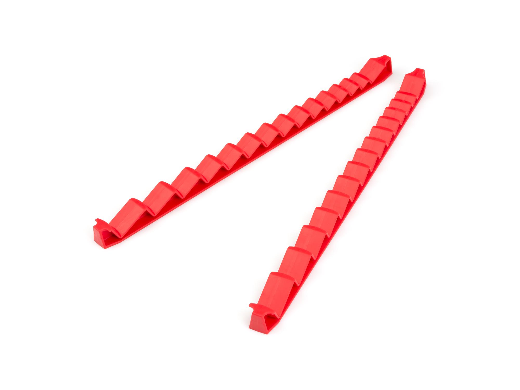 Front-right angle view of red Tekton rail wrench organization. Item #ORG25415