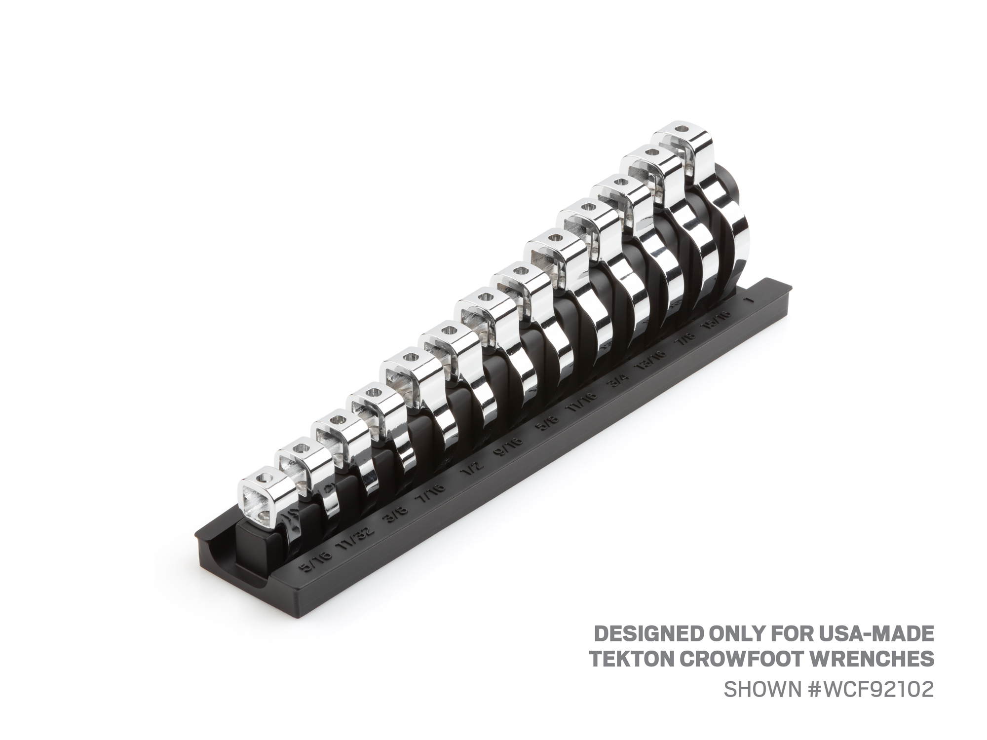 Black tool box storage solution for Tekton crowfoot wrenches. Marked for 3/8 inch drive wrenches (5/16 - 1 inch). Made in USA. ORG26113.