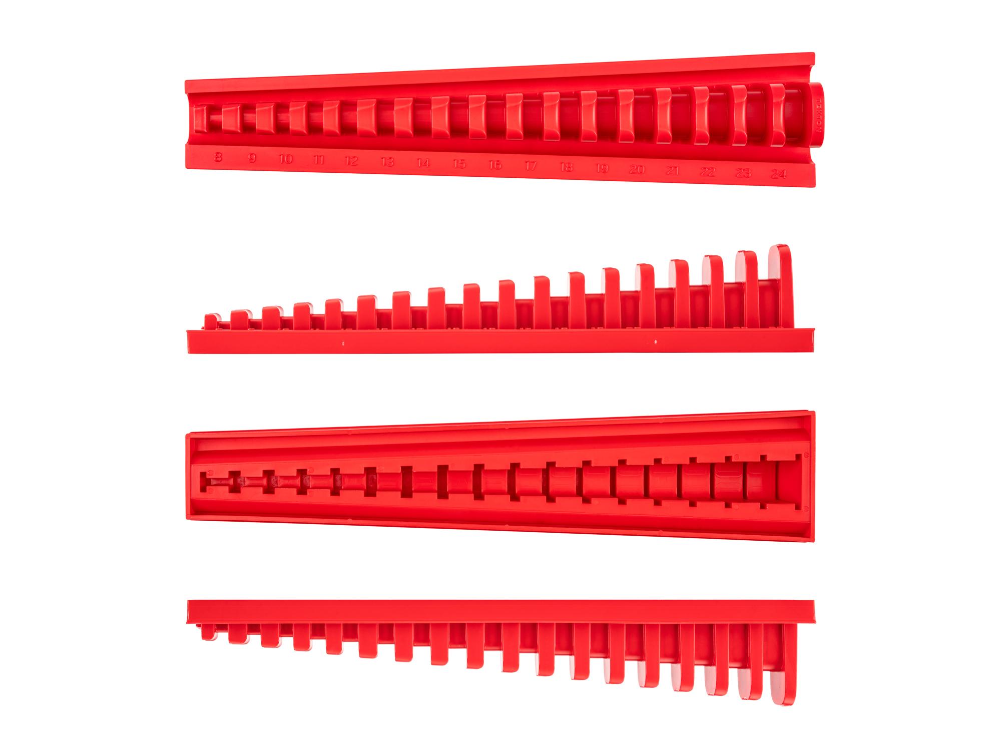 Side view of red Tekton rack wrench organization. Item #ORG26217