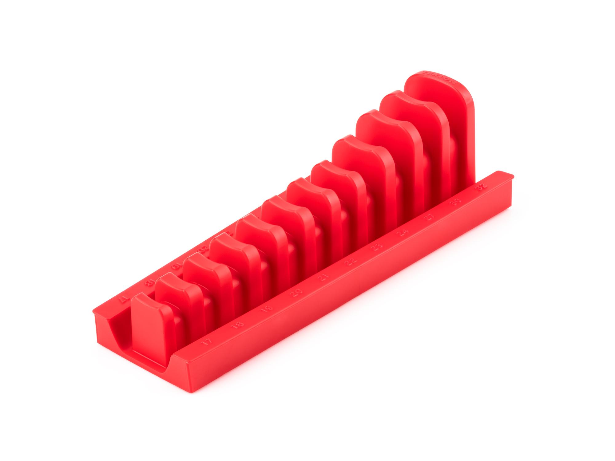 Front-right angle view of red Tekton rack wrench organization. Item #ORG26411
