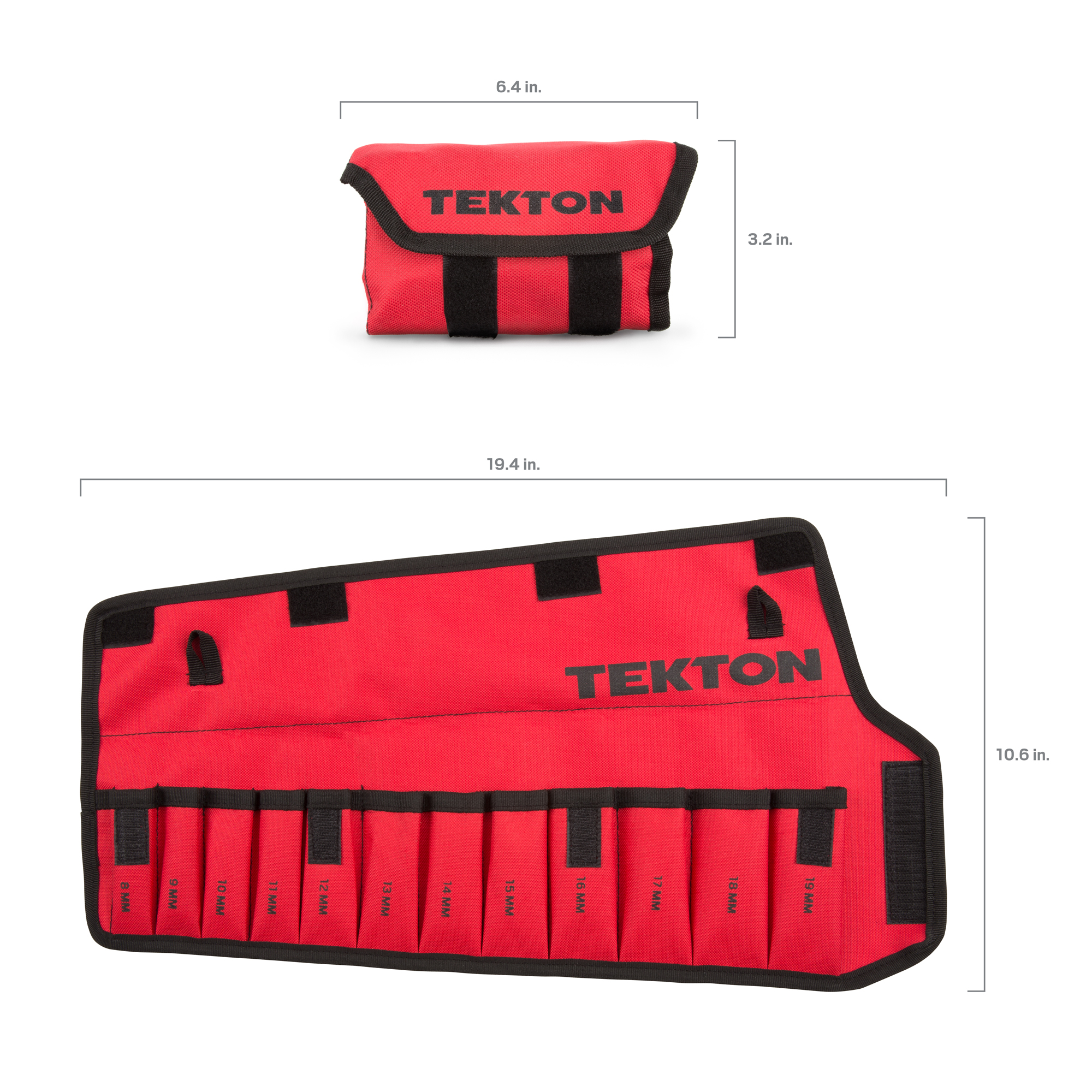 Red stubby combination wrench pouch. Canvas material. Marked with sizes (8-19 mm). ORG27212.