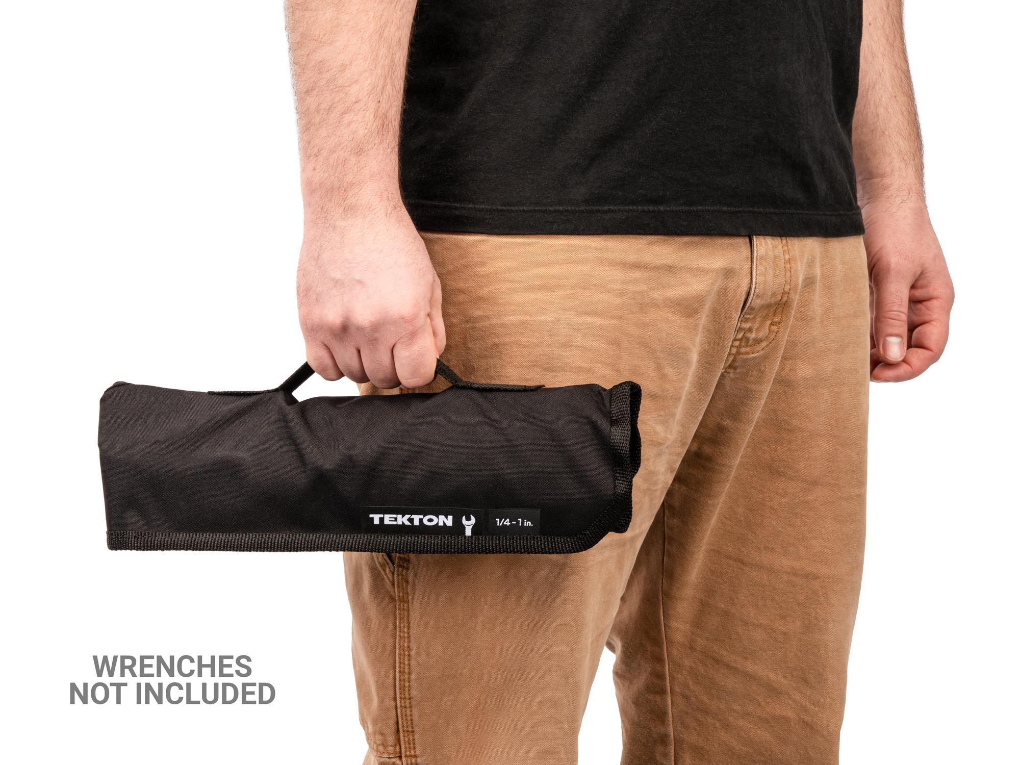 Person holding black Tekton roll wrench organization. Item #OTP21103
