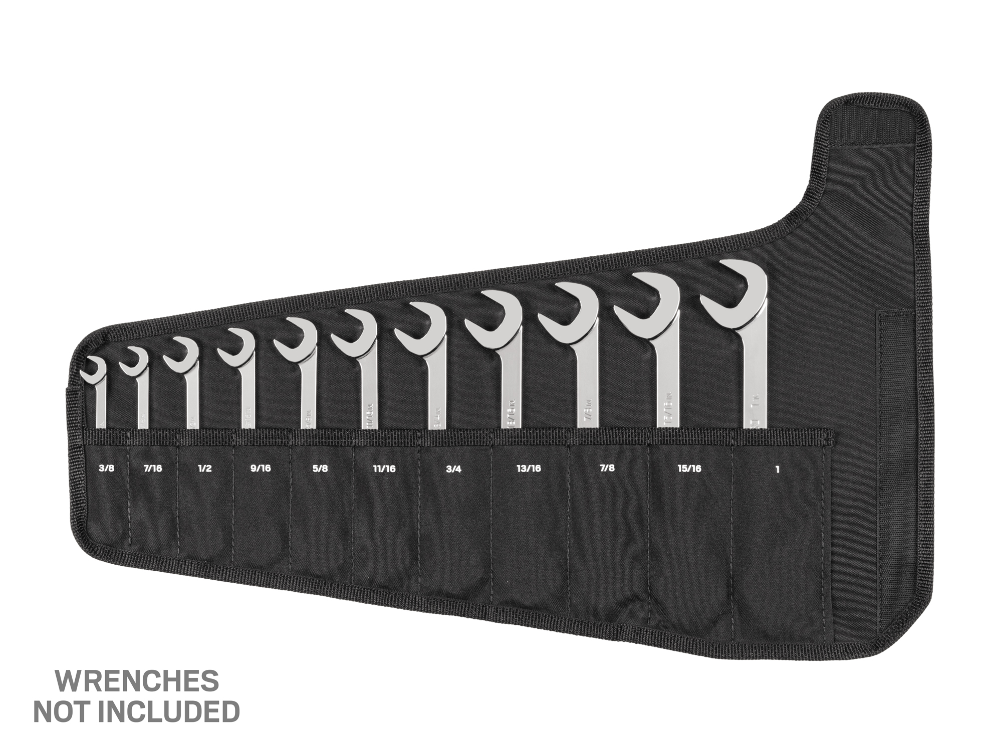 Roll-up organizational wrench pouch stores Tekton angle head wrenches. Made from abrasion- and tear-resistant polyester. Marked with inch (SAE) sizes 3/8 - 1 inch. OTP21105.