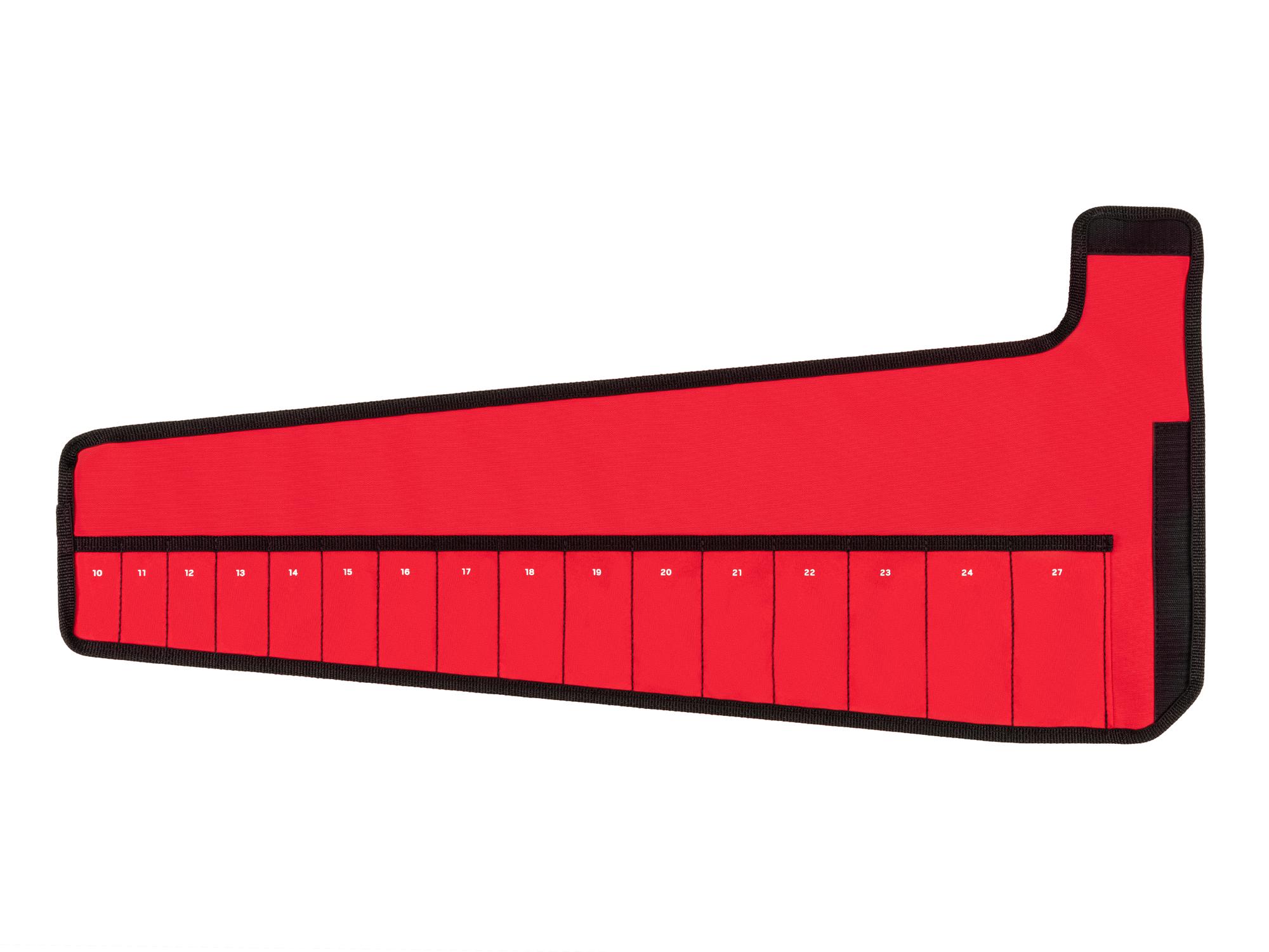 Front-right angle view of red Tekton roll wrench organization. Item #OTP21205