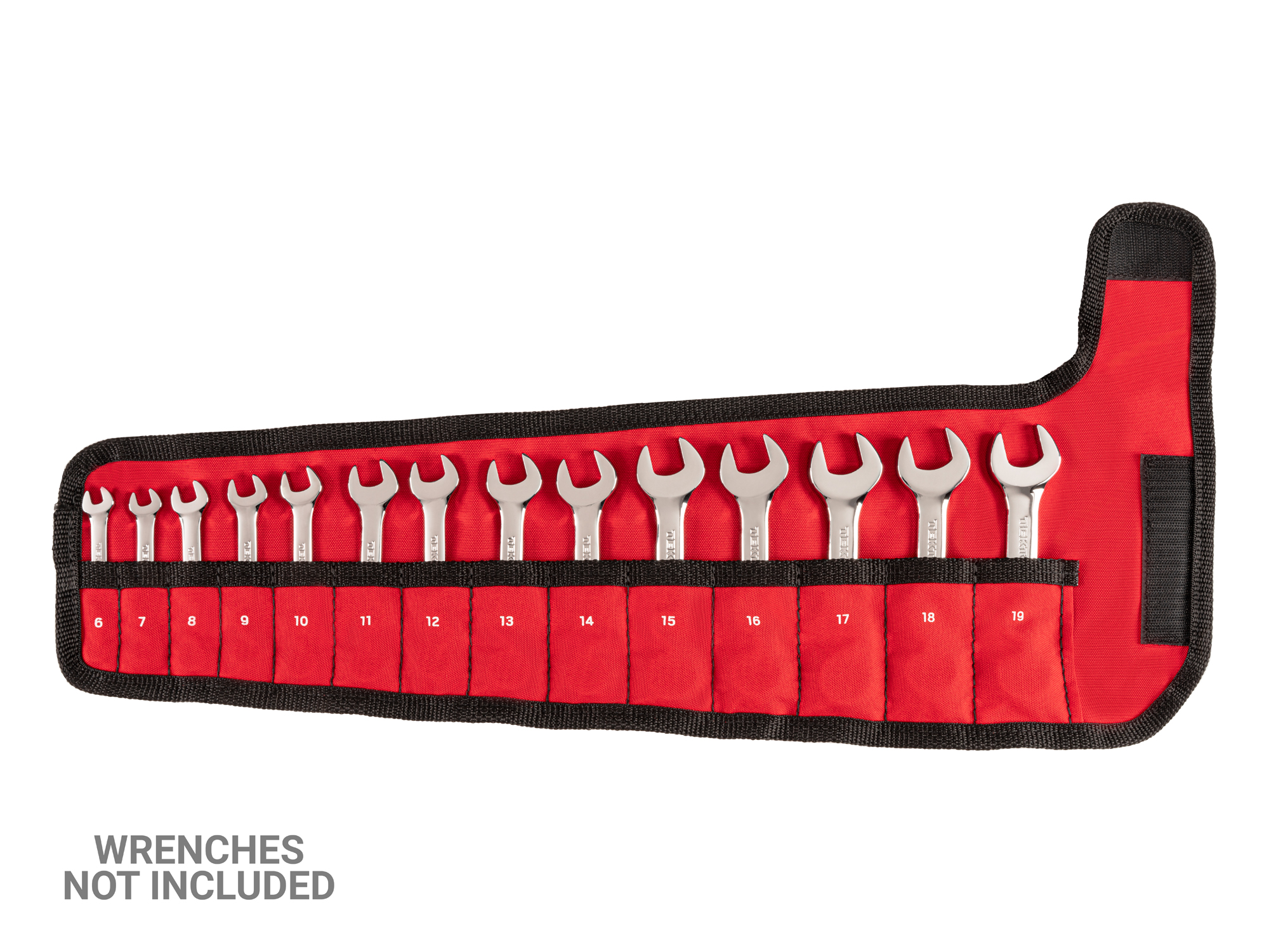 Red stubby combination wrench pouch. Canvas material. Marked with sizes (6-19 mm). OTP21206.