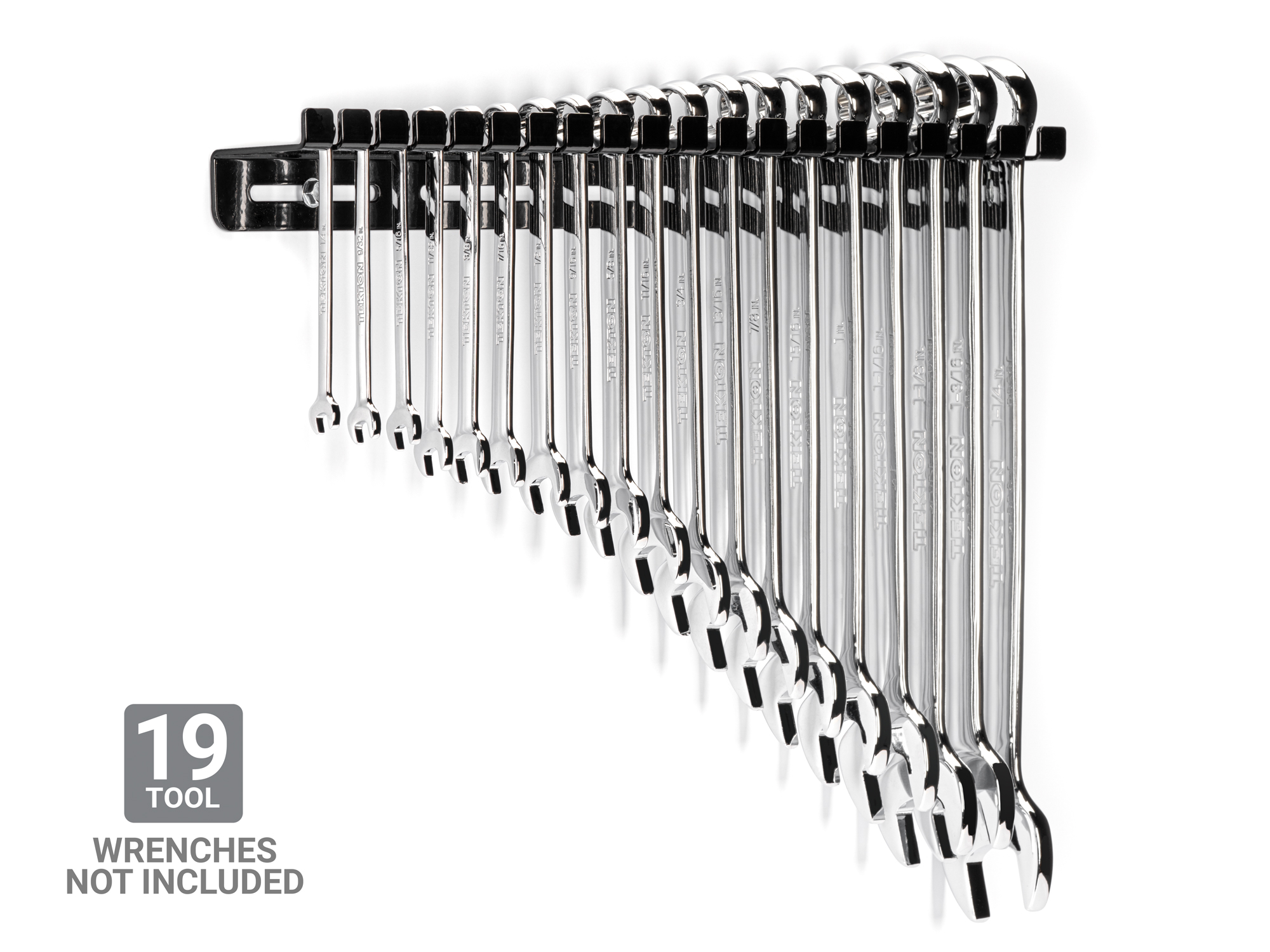 Hanger easily attaches to a wall or pegboard and securely holds wrenches in place. Quick-access slots designed for combination wrenches. OWH11119.