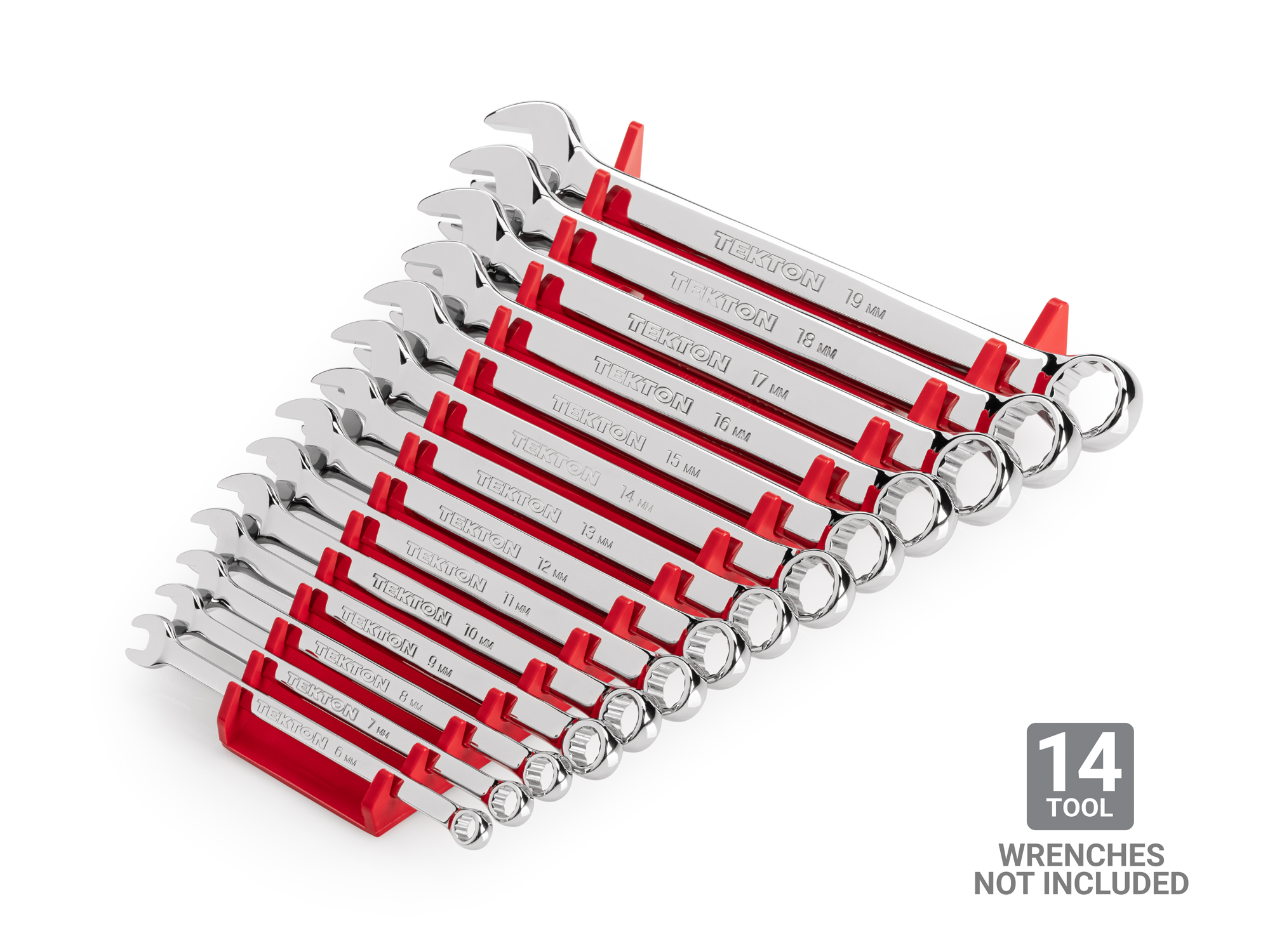 Portable storage solution that grips wrenches so they won't fall out. Doubles as organizer rack for toolbox drawers. For Tekton combination wrenches. OWP12214.