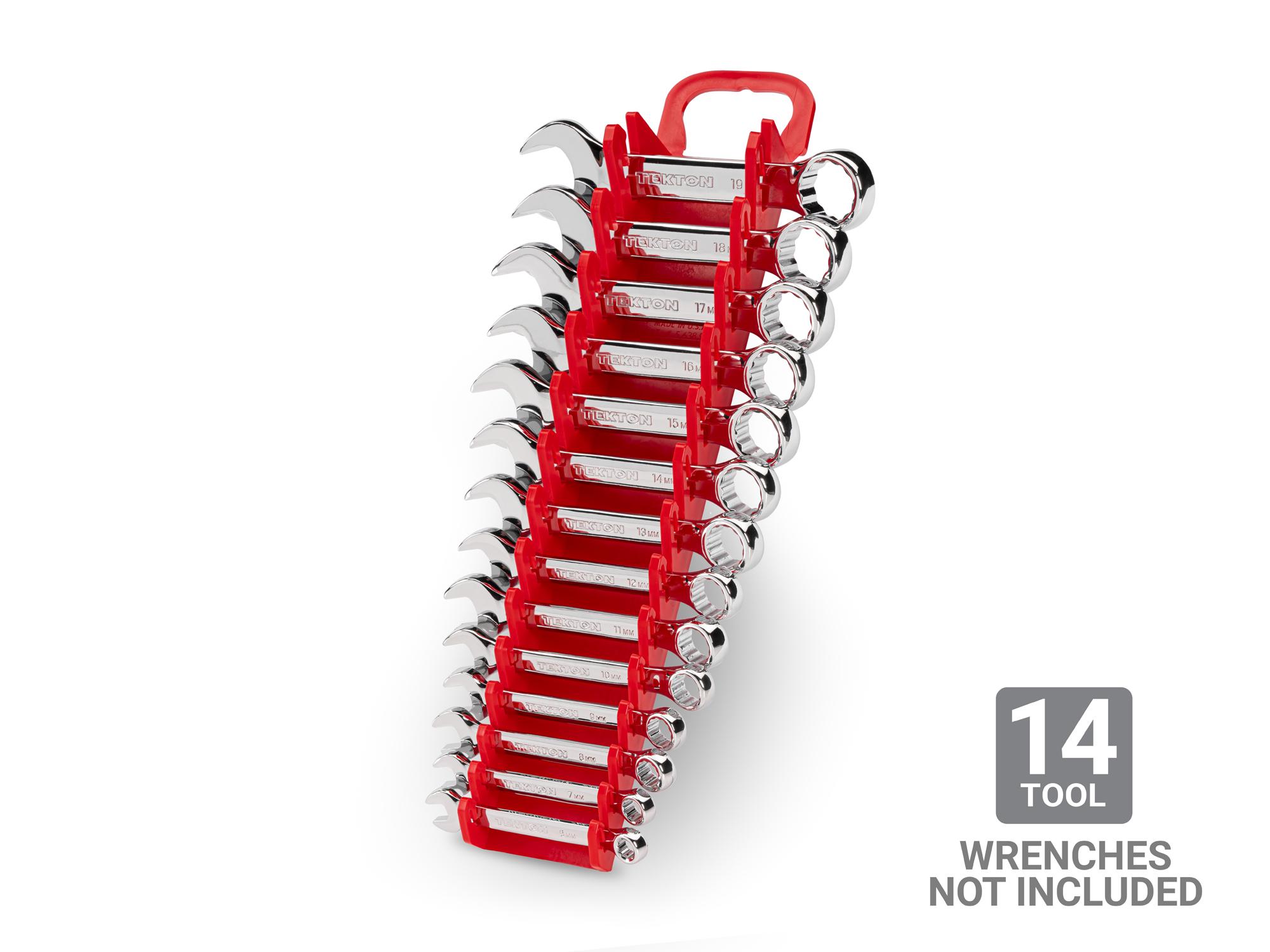 Front view of red Tekton holder wrench organization. Item #OWP21214