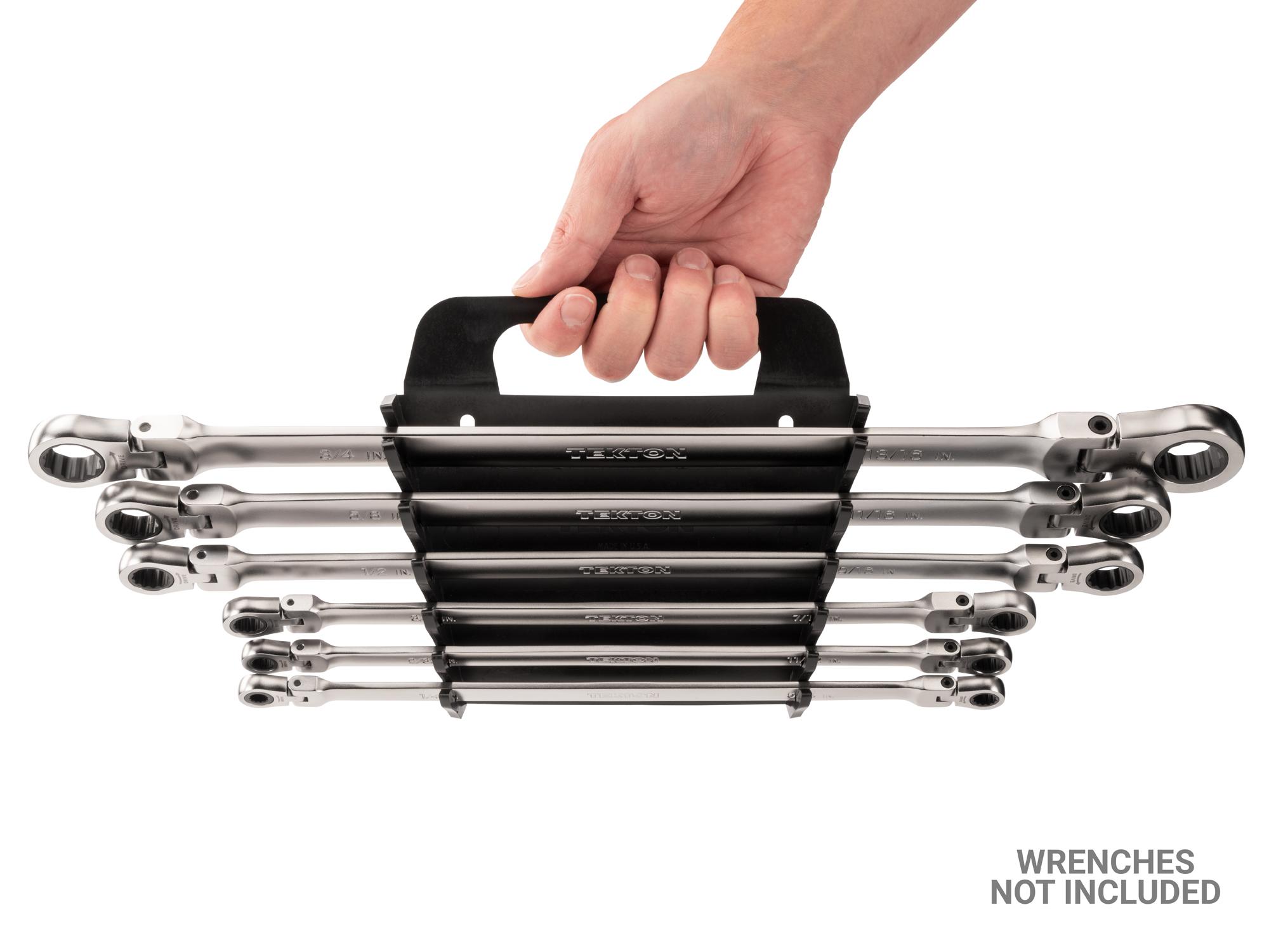 Person holding black Tekton holder wrench organization. Item #OWP23106