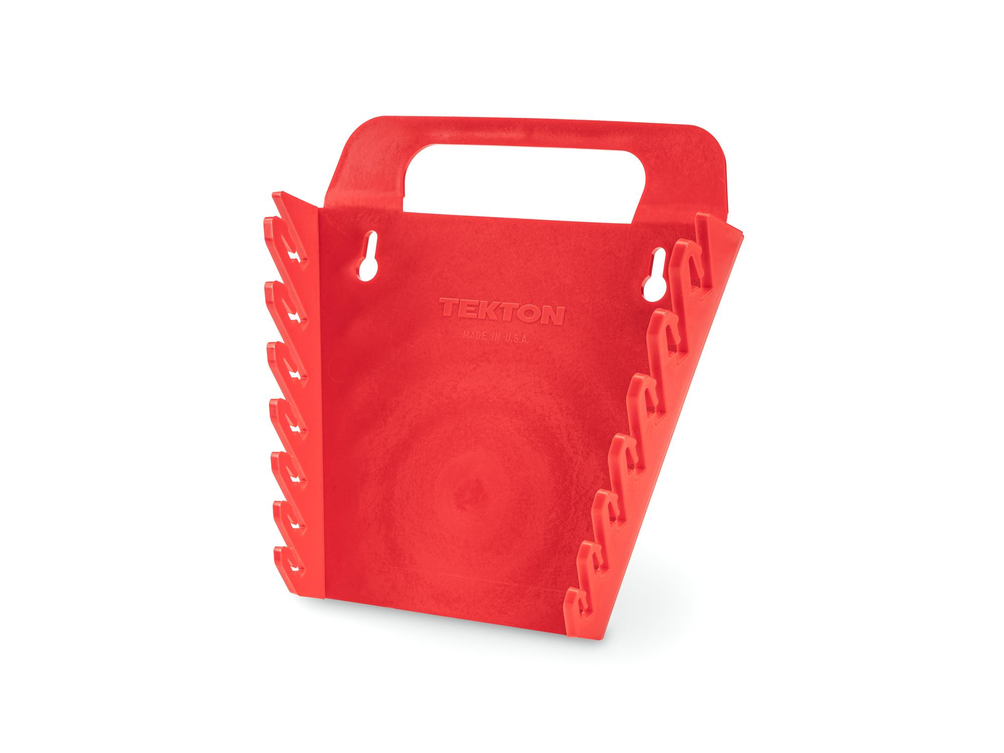 Front-right angle view of red Tekton holder wrench organization. Item #OWP23207