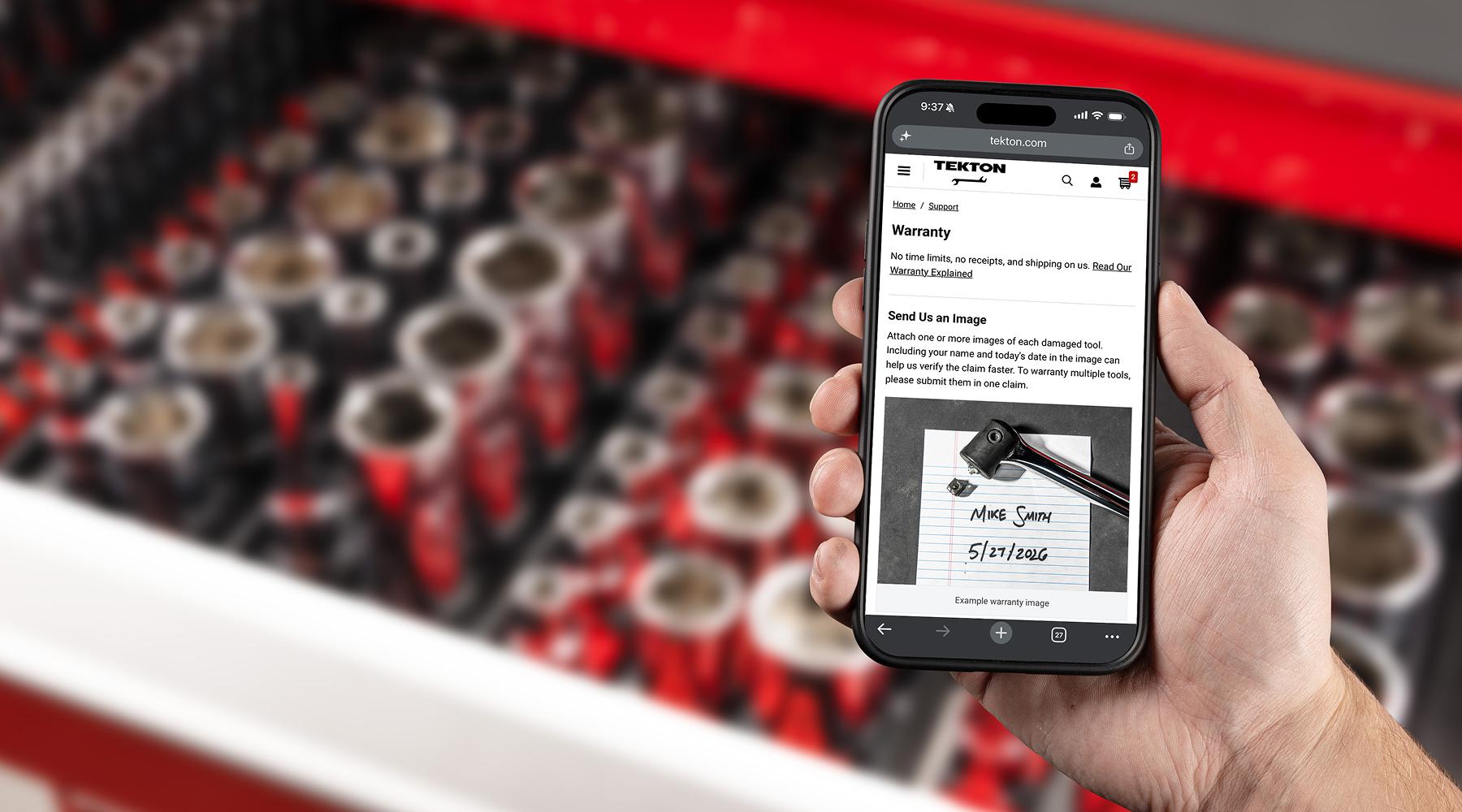 Tekton Warranty form on phone in front of a drawer of sockets