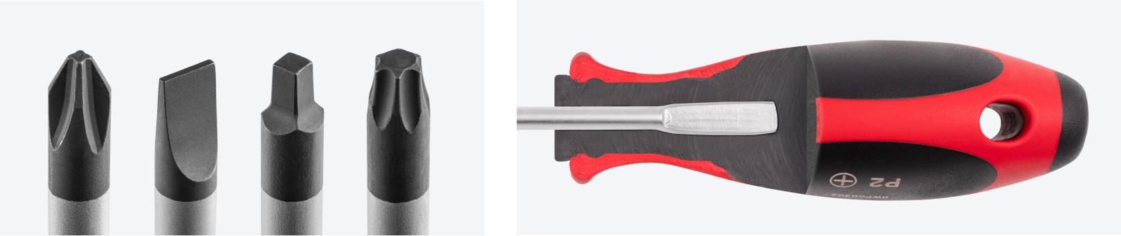 Photos of new screwdriver tips and a cutaway of the driver handle showing the blade inside