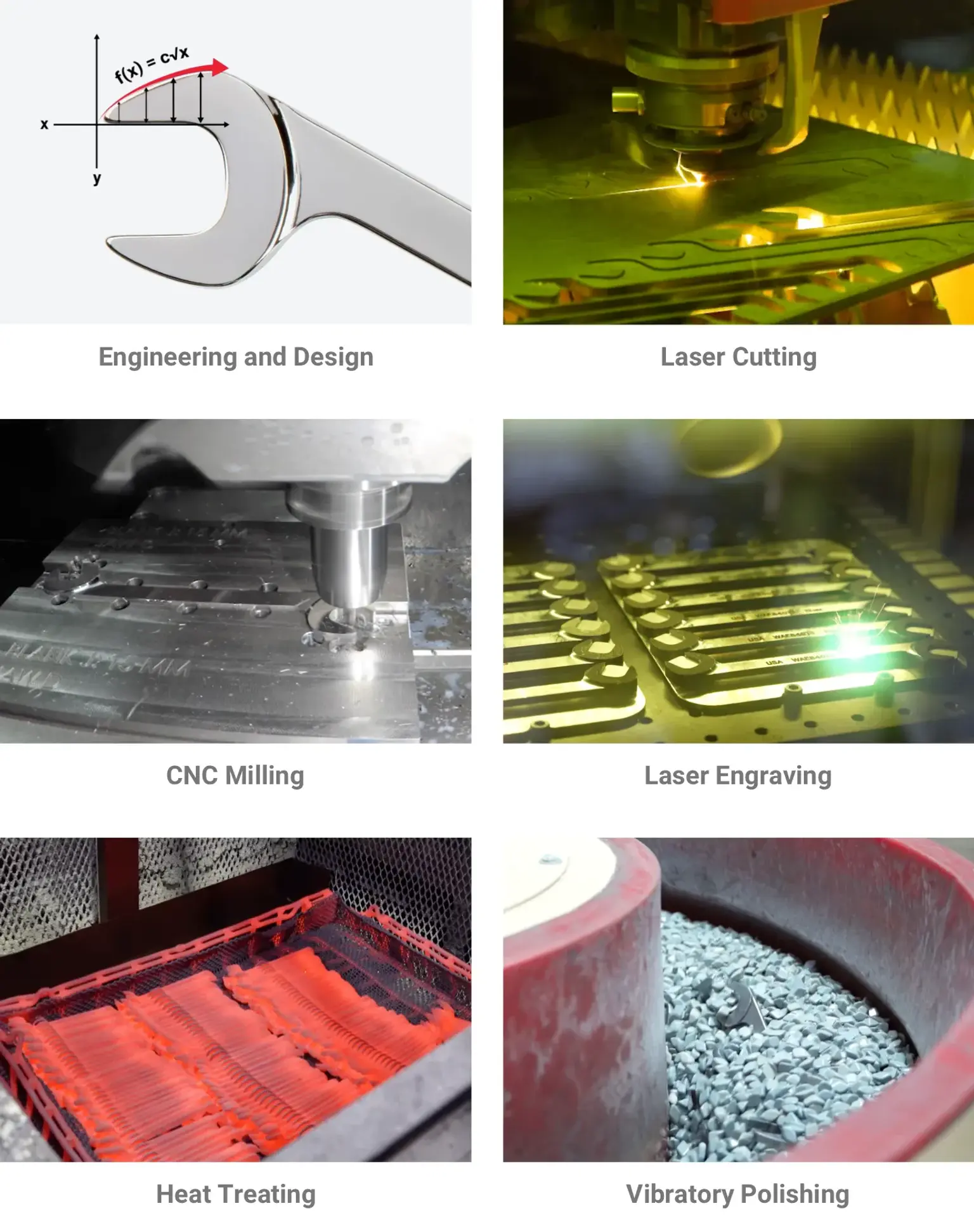 Tekton's laser mill process includes engineering and design, laser cutting, CNC milling, laser engraving, heat treating, and vibratory polishing.