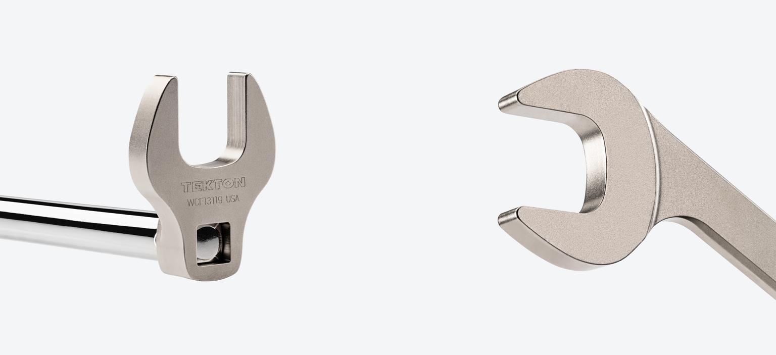 Crowfoot wrench with electroless nickel plating on chrome extension and an angle wrench showing a golden hue.