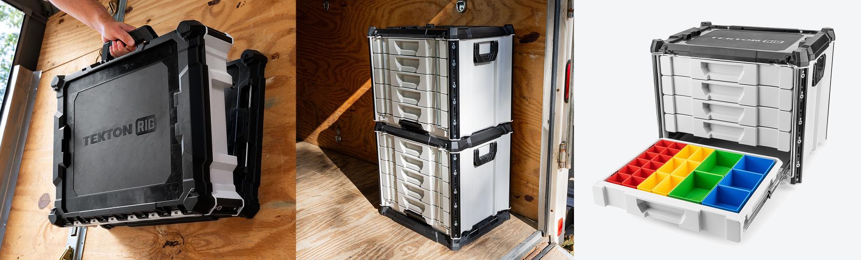 A Tekton RIG stack on a mounting plate, on a dolly, and with an open drawer.