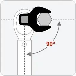 Illustration of a Tekton crowfoot wrench angled 90-degrees on a torque wrench