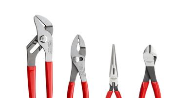 Tekton long nose, cutting, and slip joint pliers with red handles