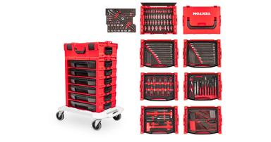 A Tekton stacking tool box filled with tools