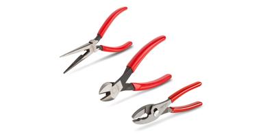 Tekton long nose, cutting, and slip joint pliers with red handles