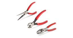 Tekton long nose, cutting, and slip joint pliers with red handles