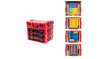 A red Tekton stacking tool box with tool organizers
