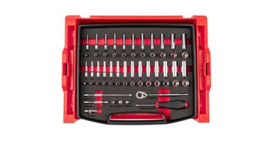 A Tekton stacking tool box filled with tools